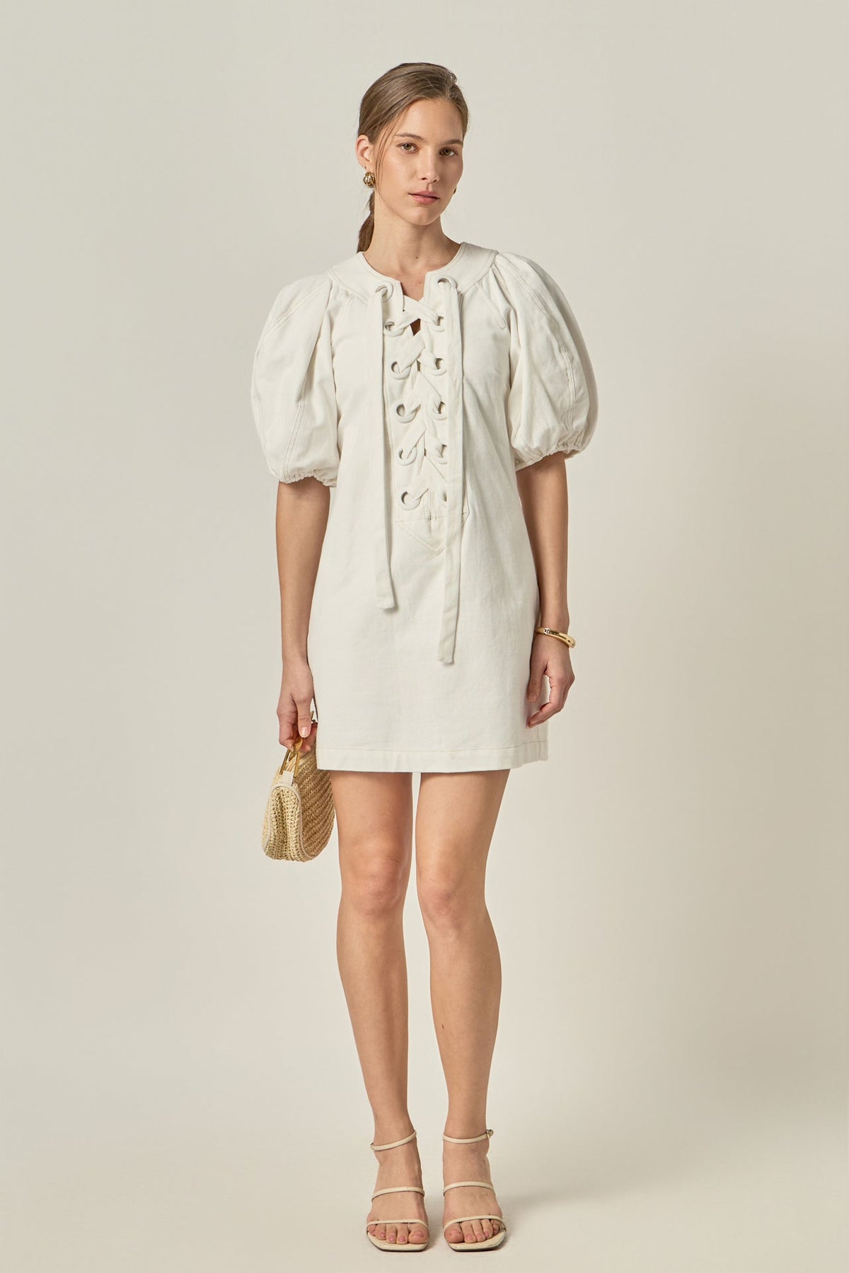 ENGLISH FACTORY - Laced Up Puffed Sleeve Mini Dress - DRESSES available at Objectrare