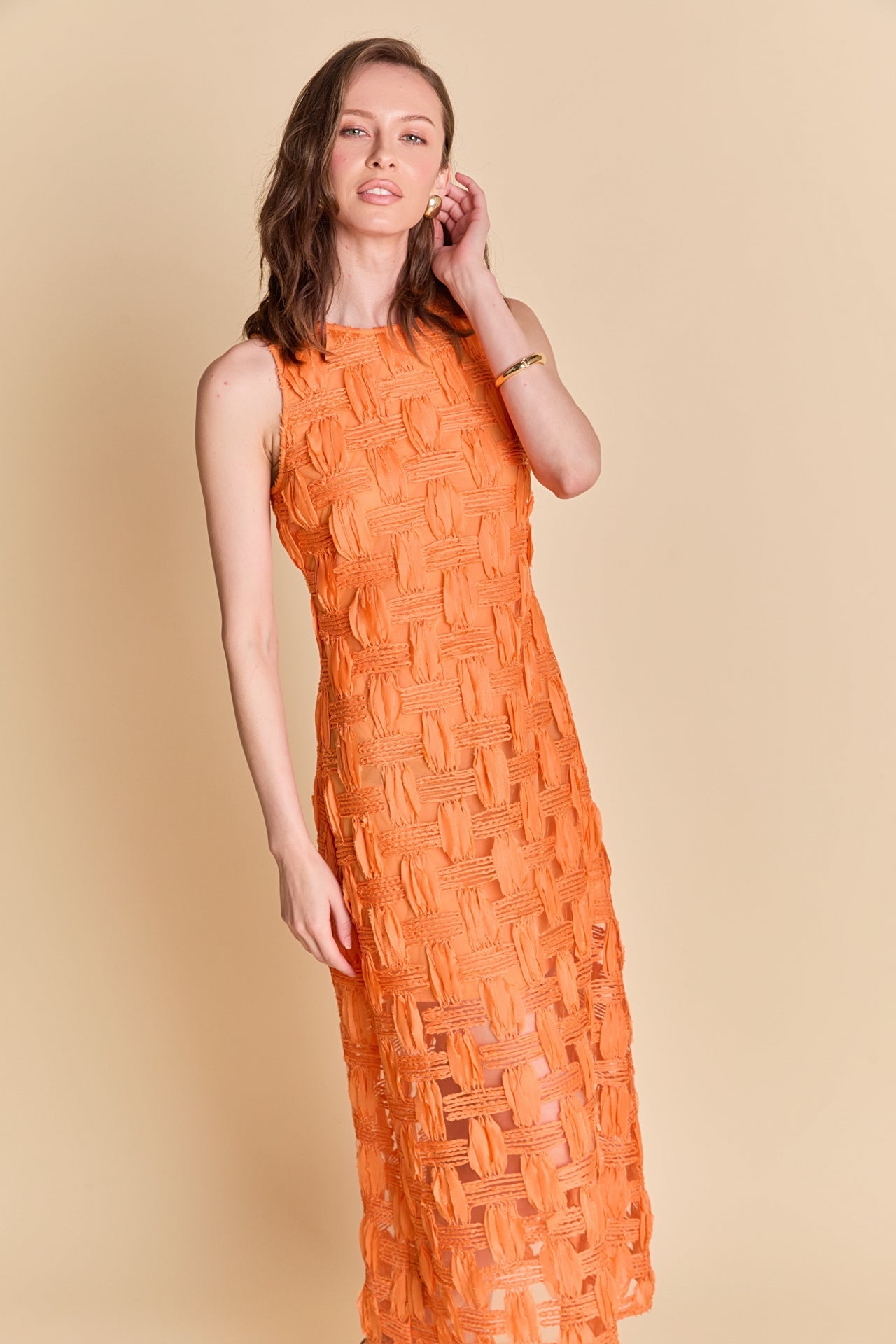 ENDLESS ROSE - Grid Textured Sleeveless Midi Dress - DRESSES available at Objectrare