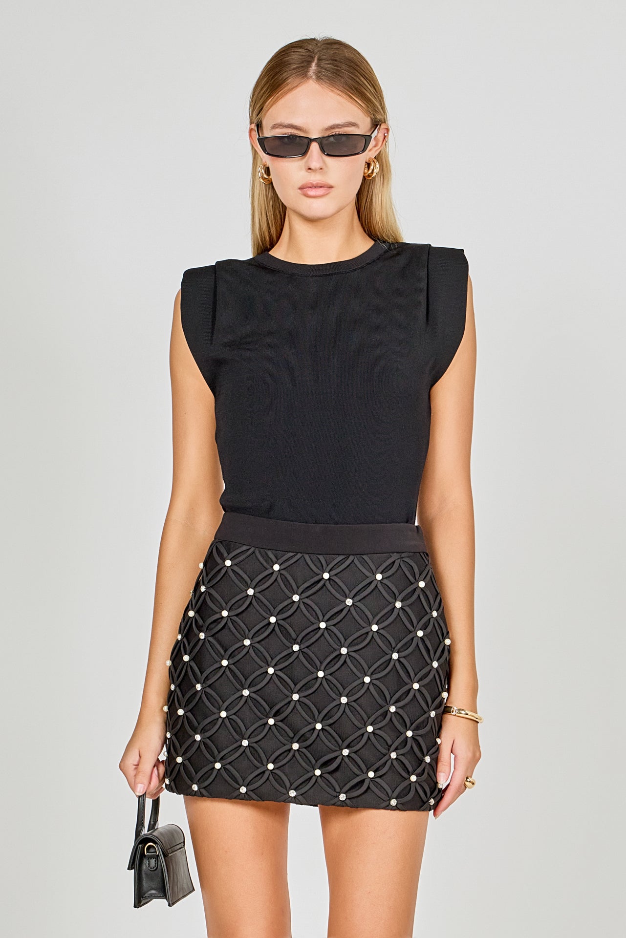 Rhinestone and Pearl Detail Mini Skirt