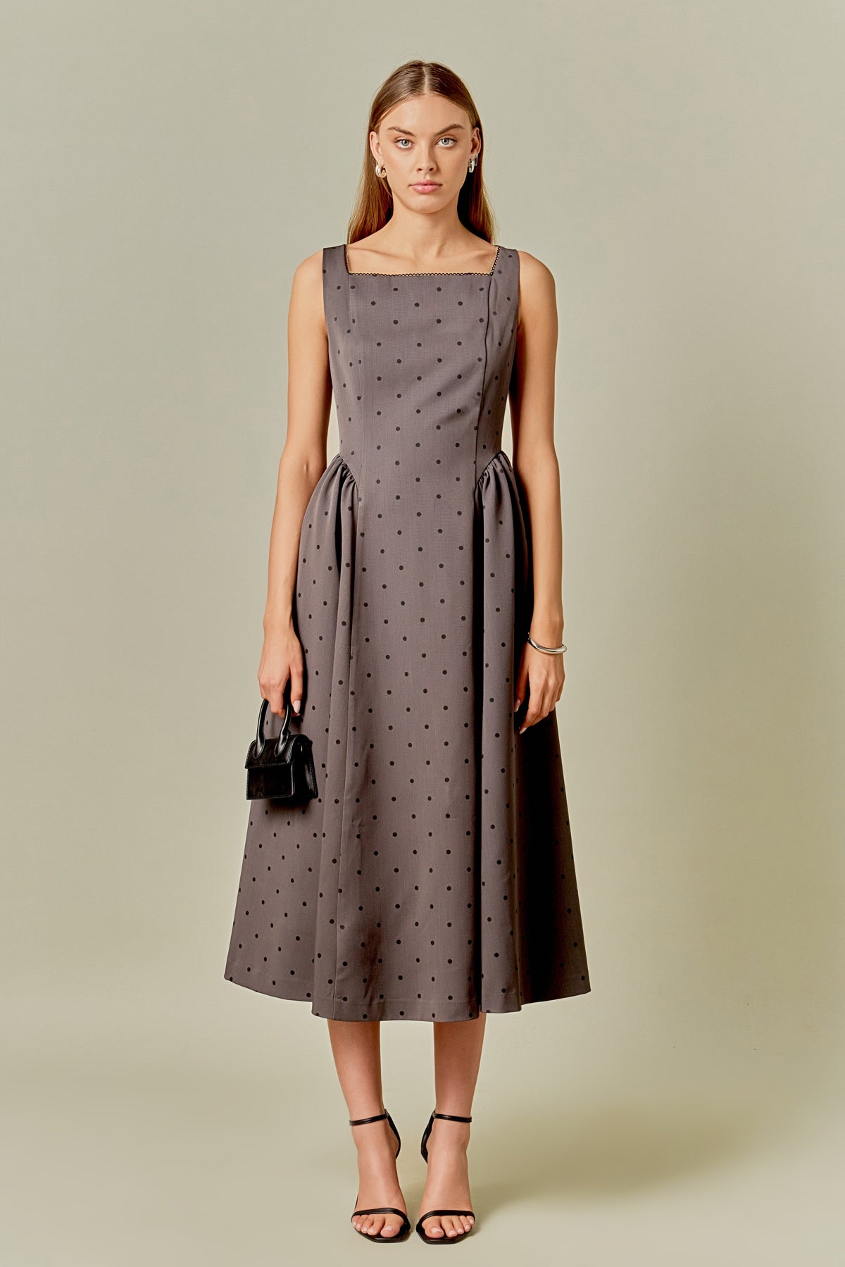 Square Neck Polka Dot Gathered Waist Midi Dress