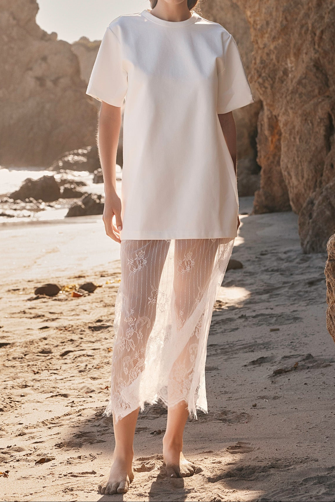 Mix Lace T-shirt Midi Dress