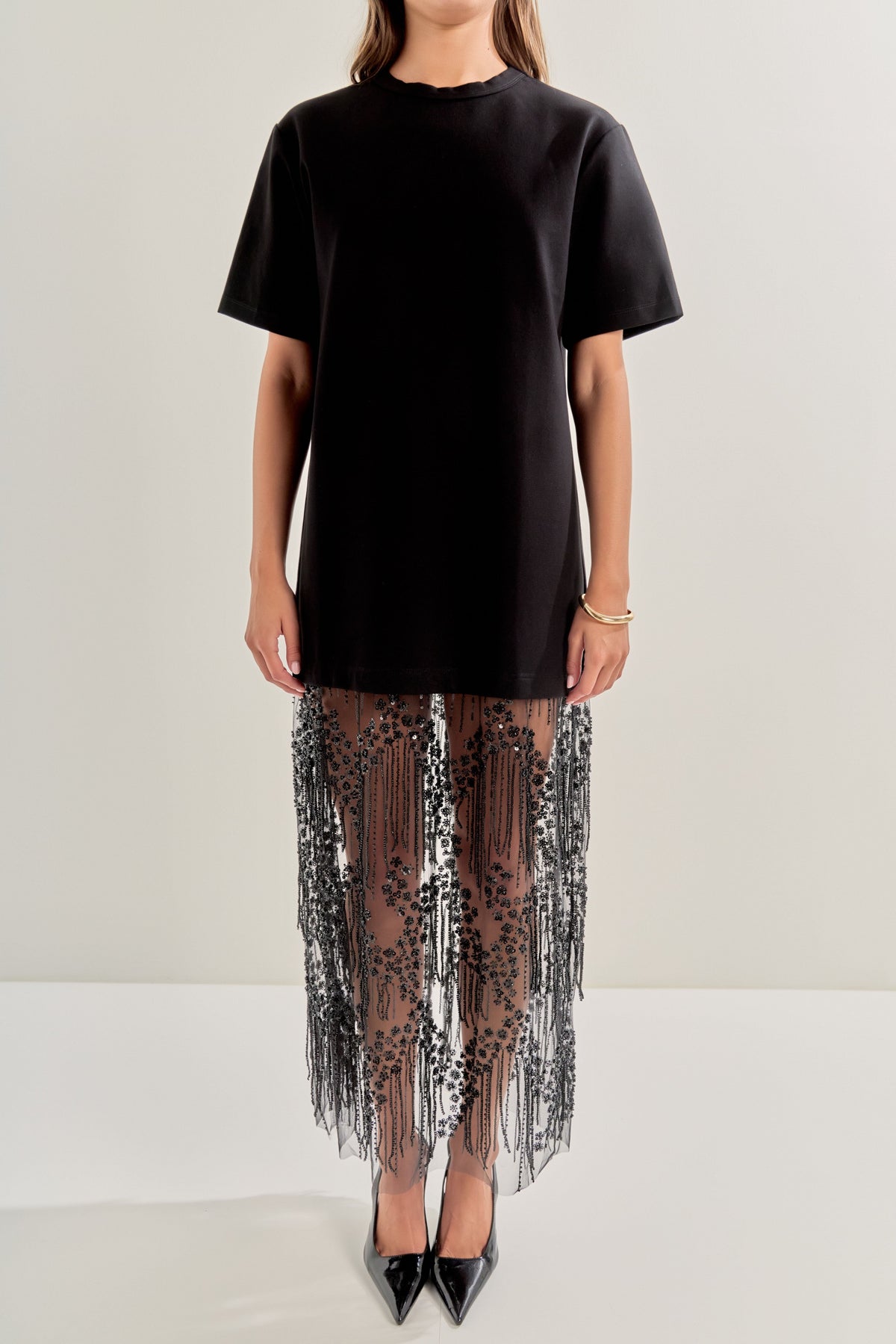 ENDLESS ROSE - Mix Rhinestone Lace T-shirt Midi Dress - DRESSES available at Objectrare