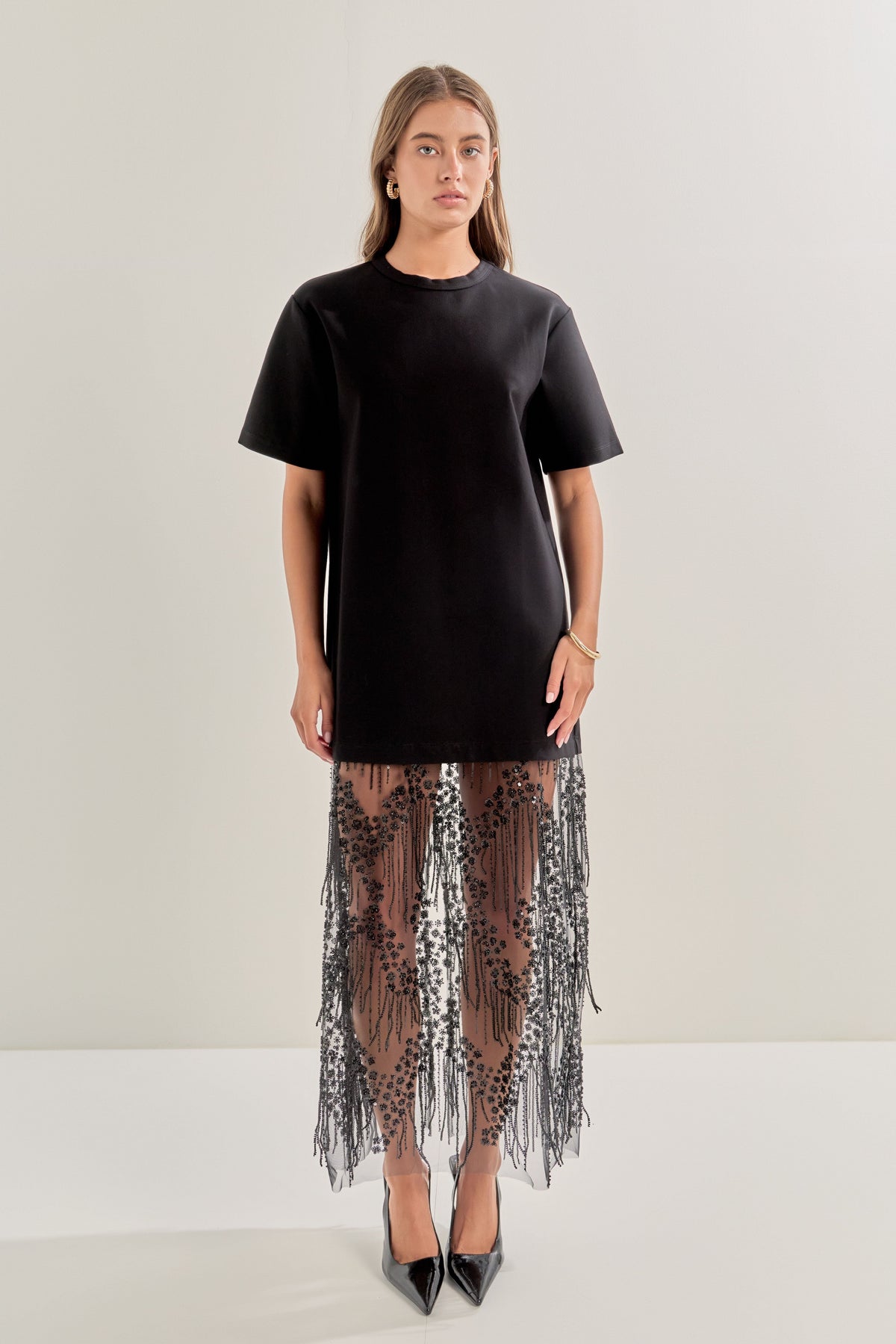 ENDLESS ROSE - Mix Rhinestone Lace T-shirt Midi Dress - DRESSES available at Objectrare