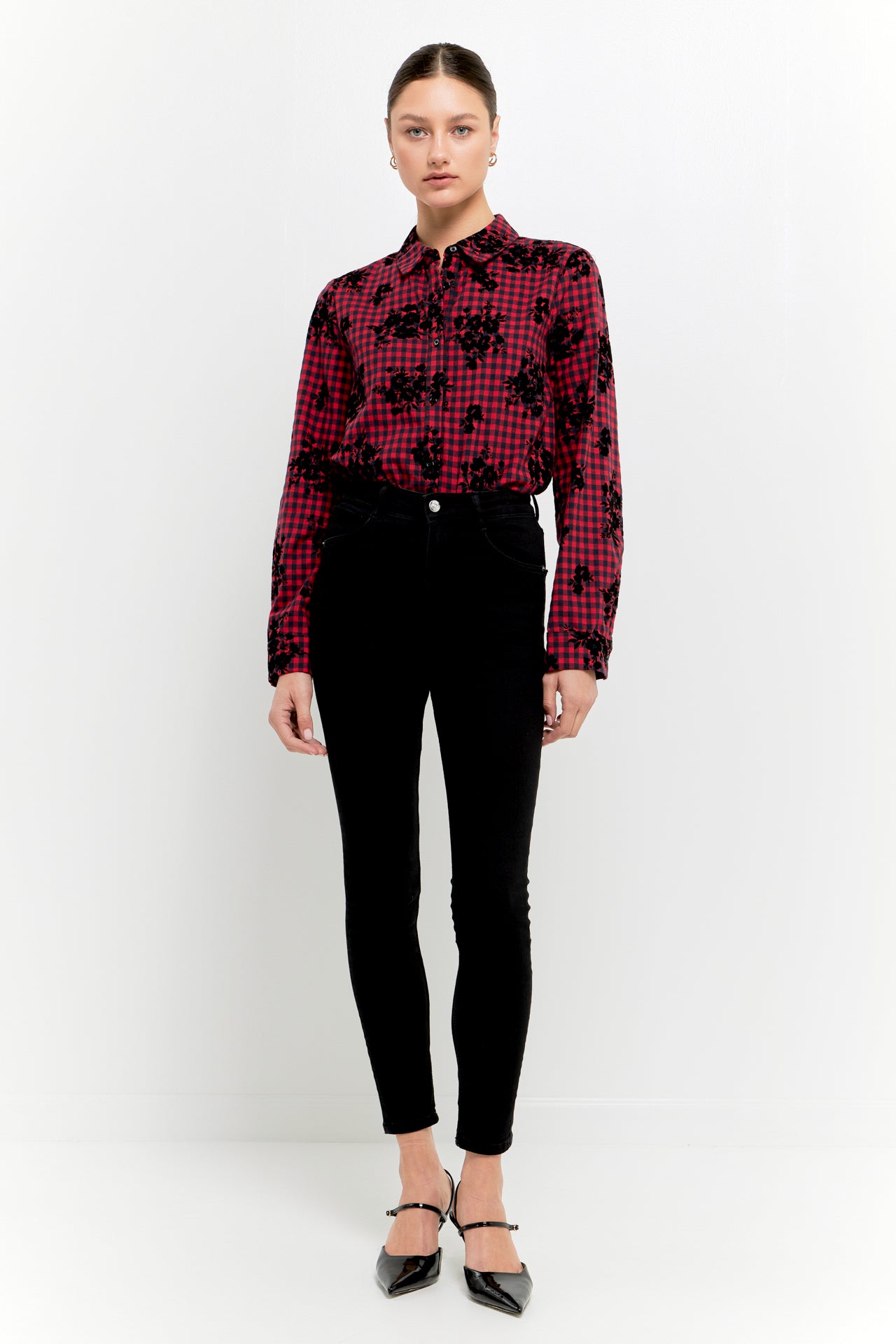 Velvet Floral Long Sleeve Check Shirt