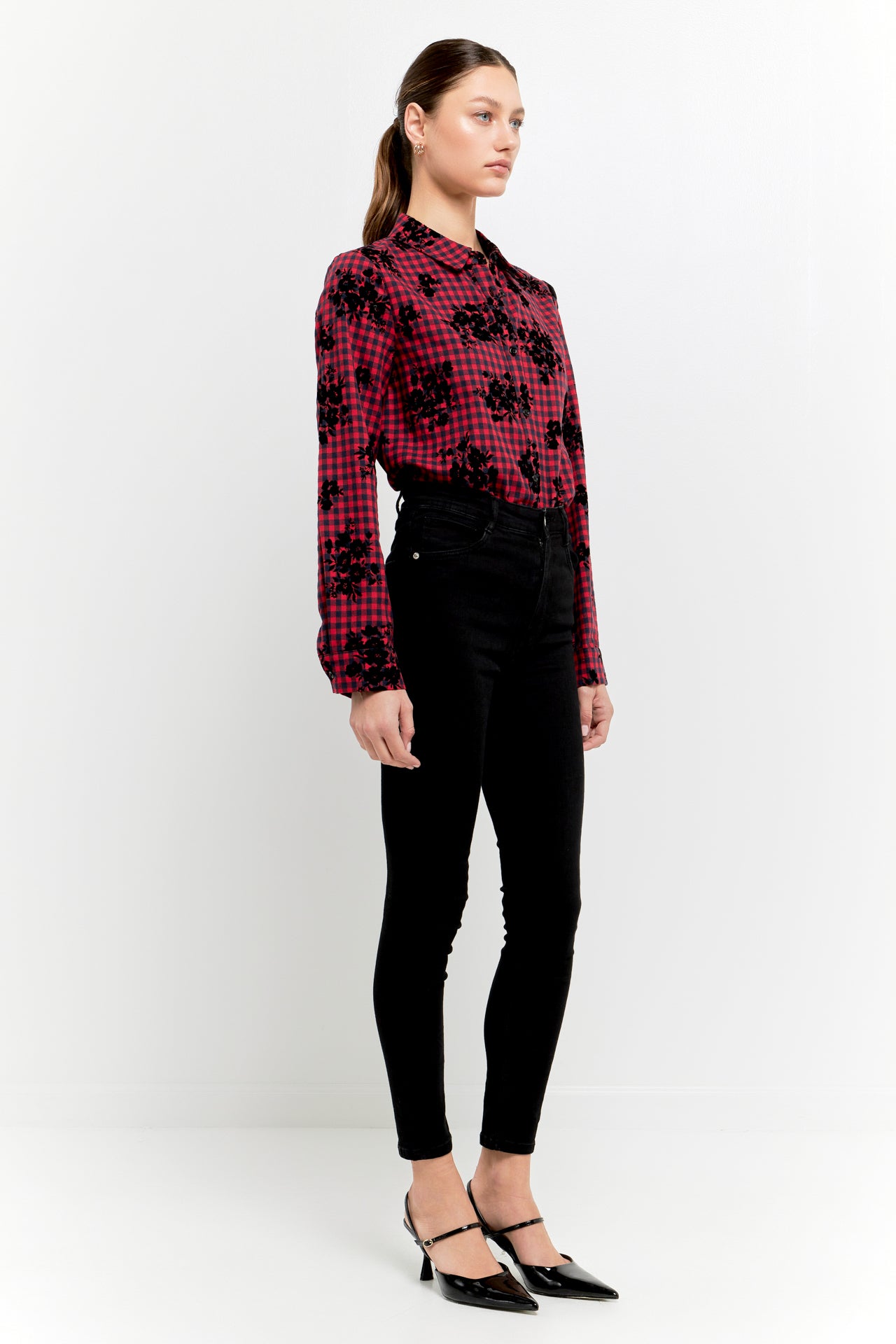 Velvet Floral Long Sleeve Check Shirt