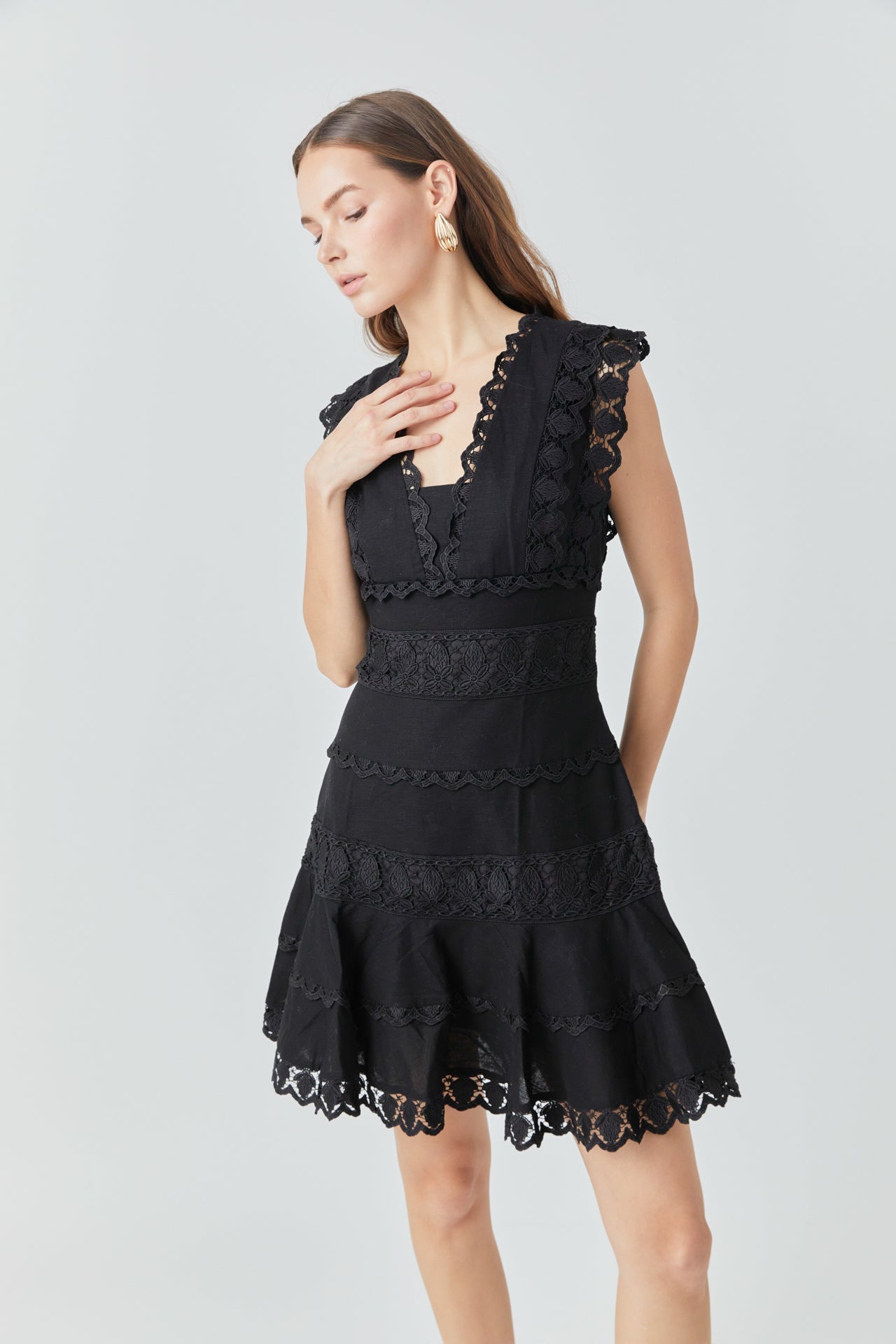 Plunging Neck Lace Trim Dress