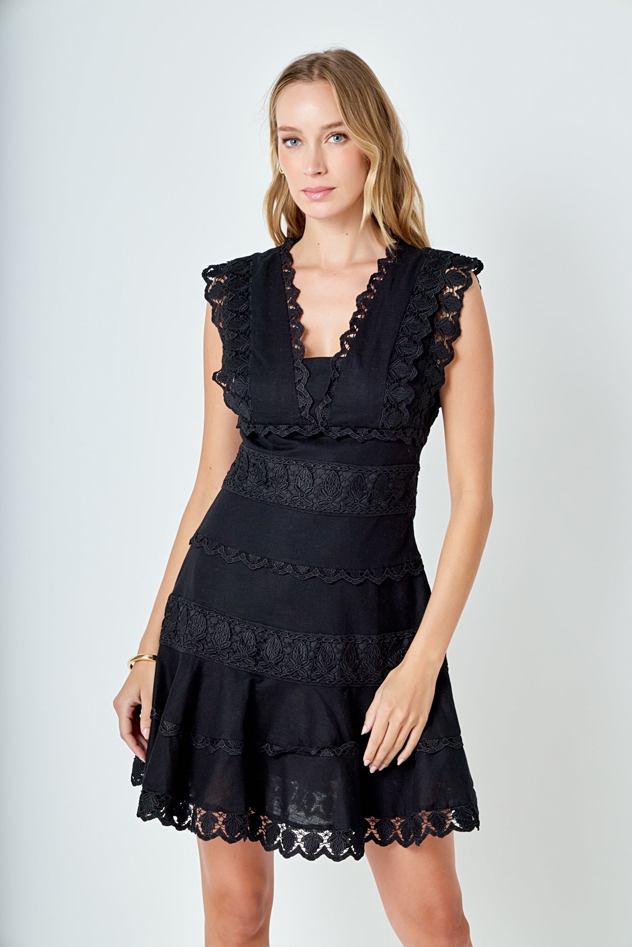 Plunging Neck Lace Trim Dress