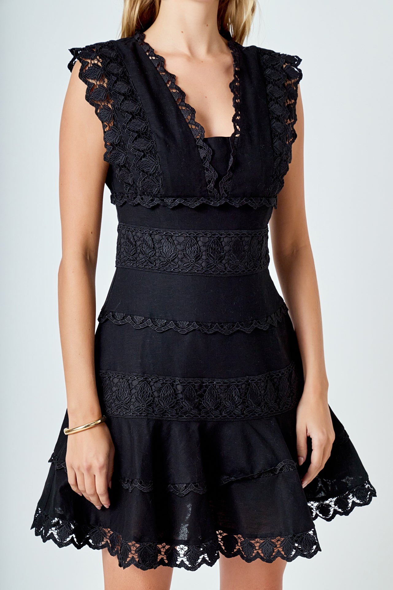 Plunging Neck Lace Trim Dress