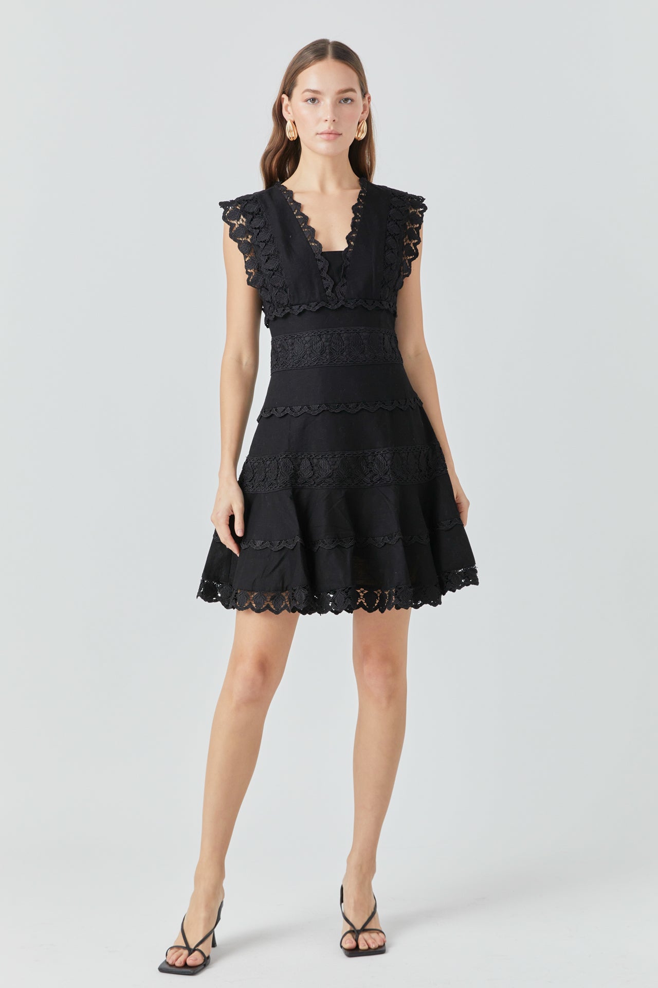 Plunging Neck Lace Trim Dress