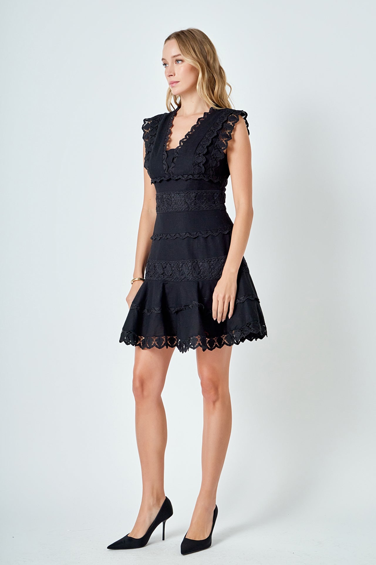 ENDLESS ROSE - Plunging Neck Lace Trim Dress - DRESSES available at Objectrare