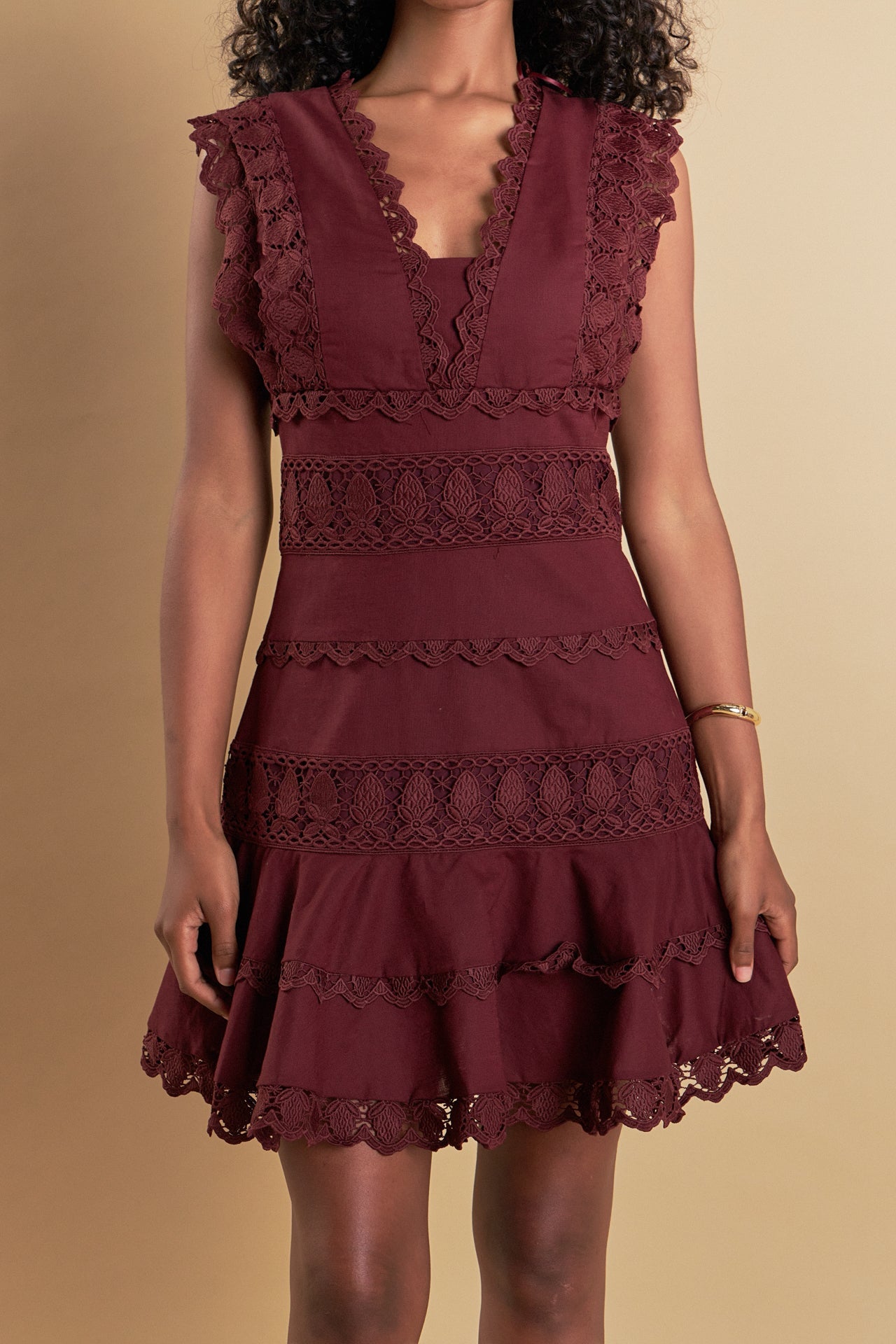 ENDLESS ROSE - Plunging Neck Lace Trim Dress - DRESSES available at Objectrare