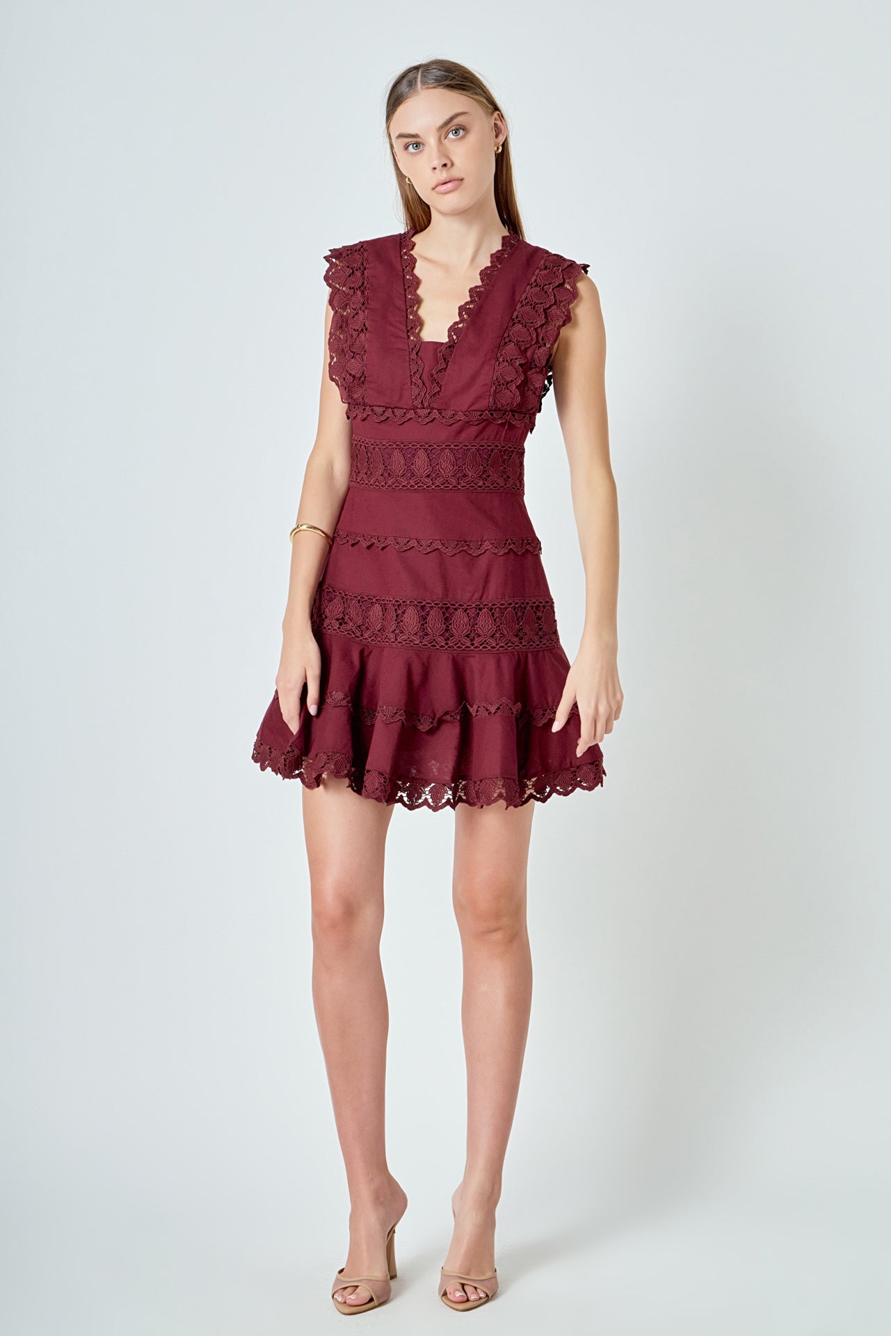 ENDLESS ROSE - Plunging Neck Lace Trim Dress - DRESSES available at Objectrare