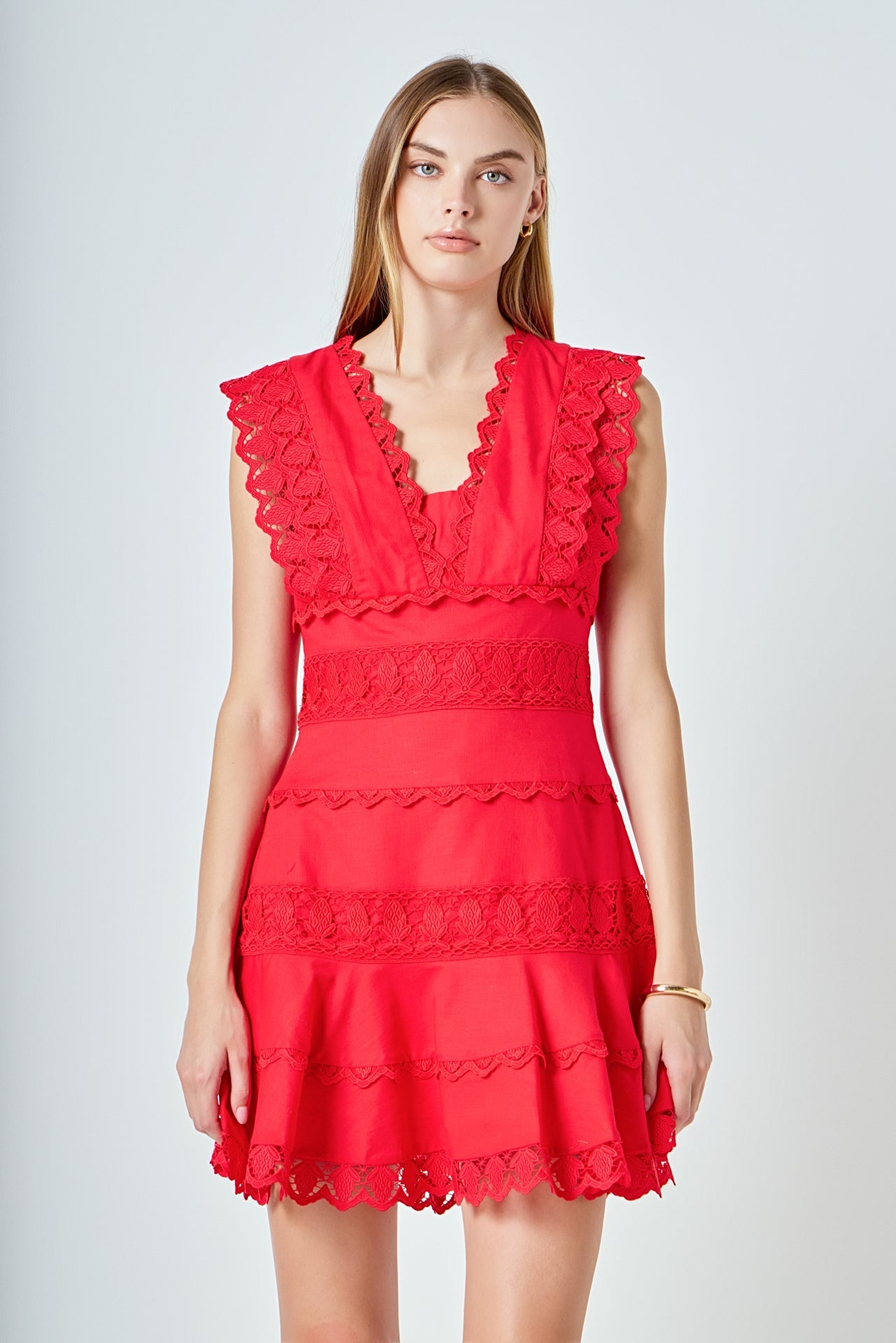 ENDLESS ROSE - Plunging Neck Lace Trim Dress - DRESSES available at Objectrare