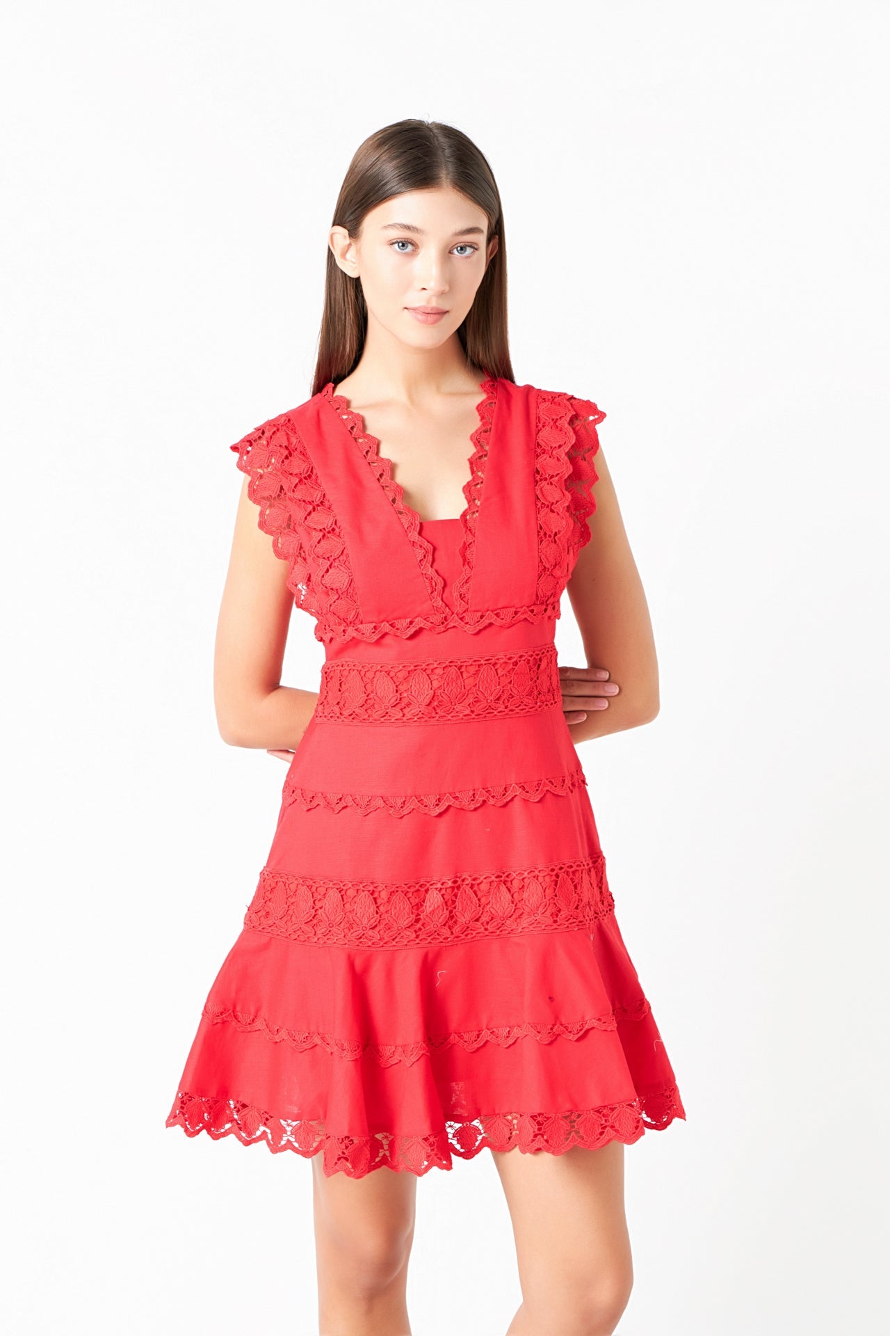 Plunging Neck Lace Trim Dress