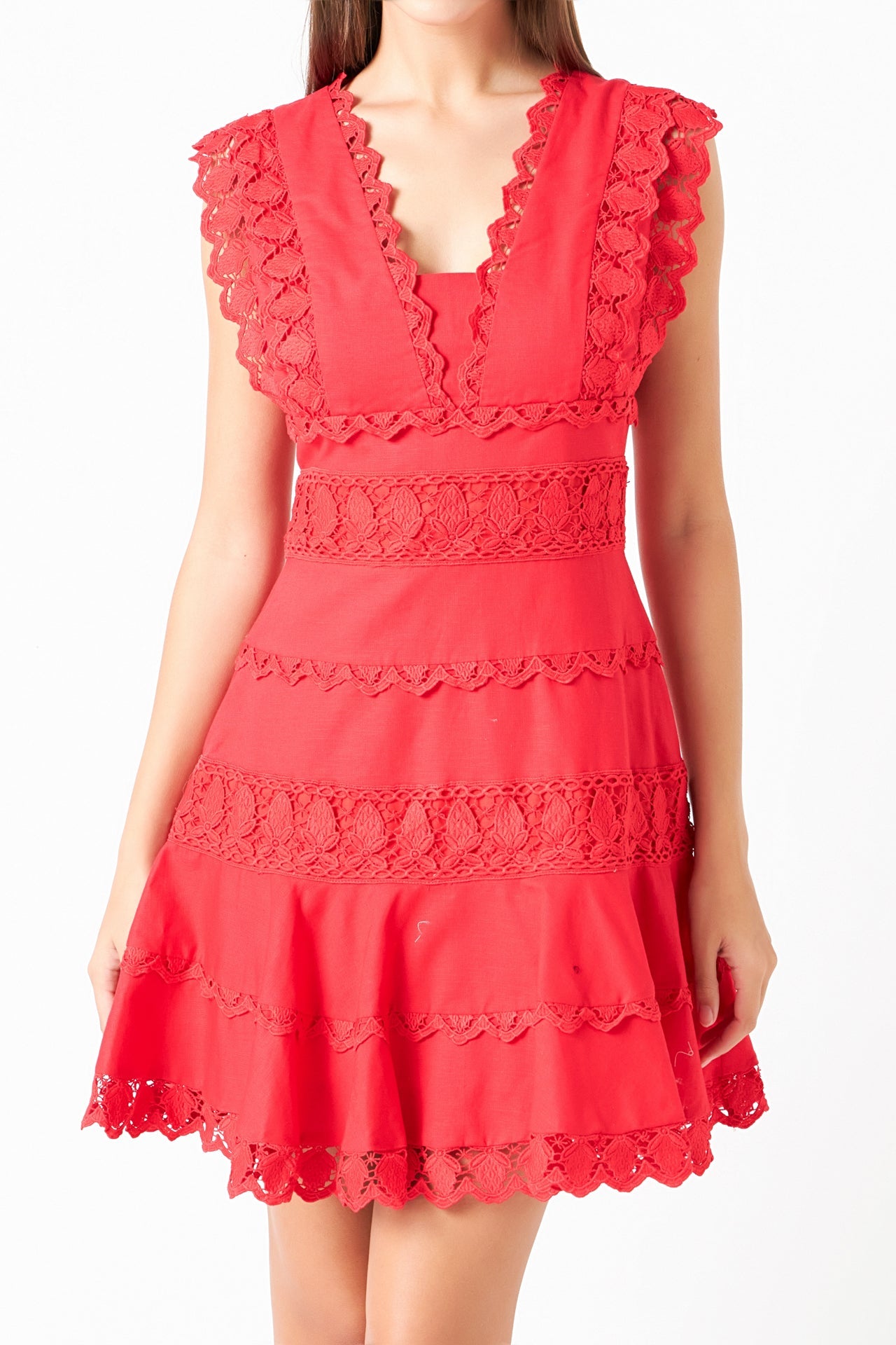 Plunging Neck Lace Trim Dress
