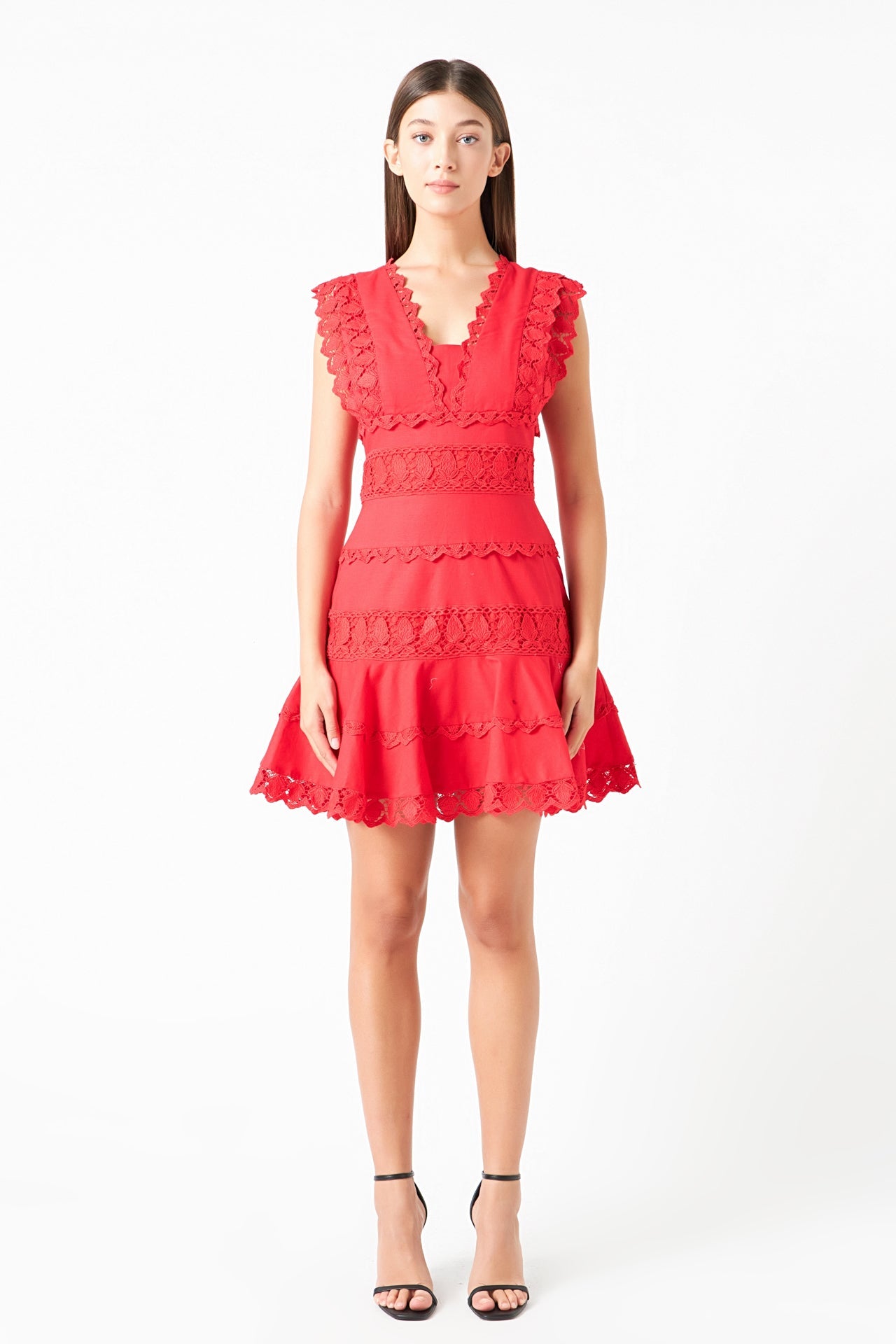 Plunging Neck Lace Trim Dress