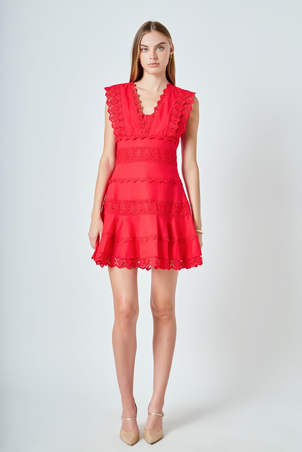 ENDLESS ROSE - Plunging Neck Lace Trim Dress - DRESSES available at Objectrare