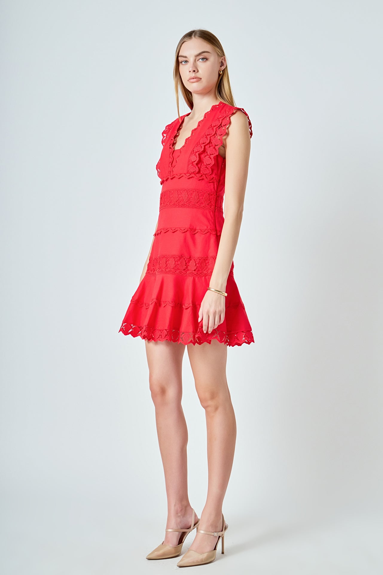 ENDLESS ROSE - Plunging Neck Lace Trim Dress - DRESSES available at Objectrare