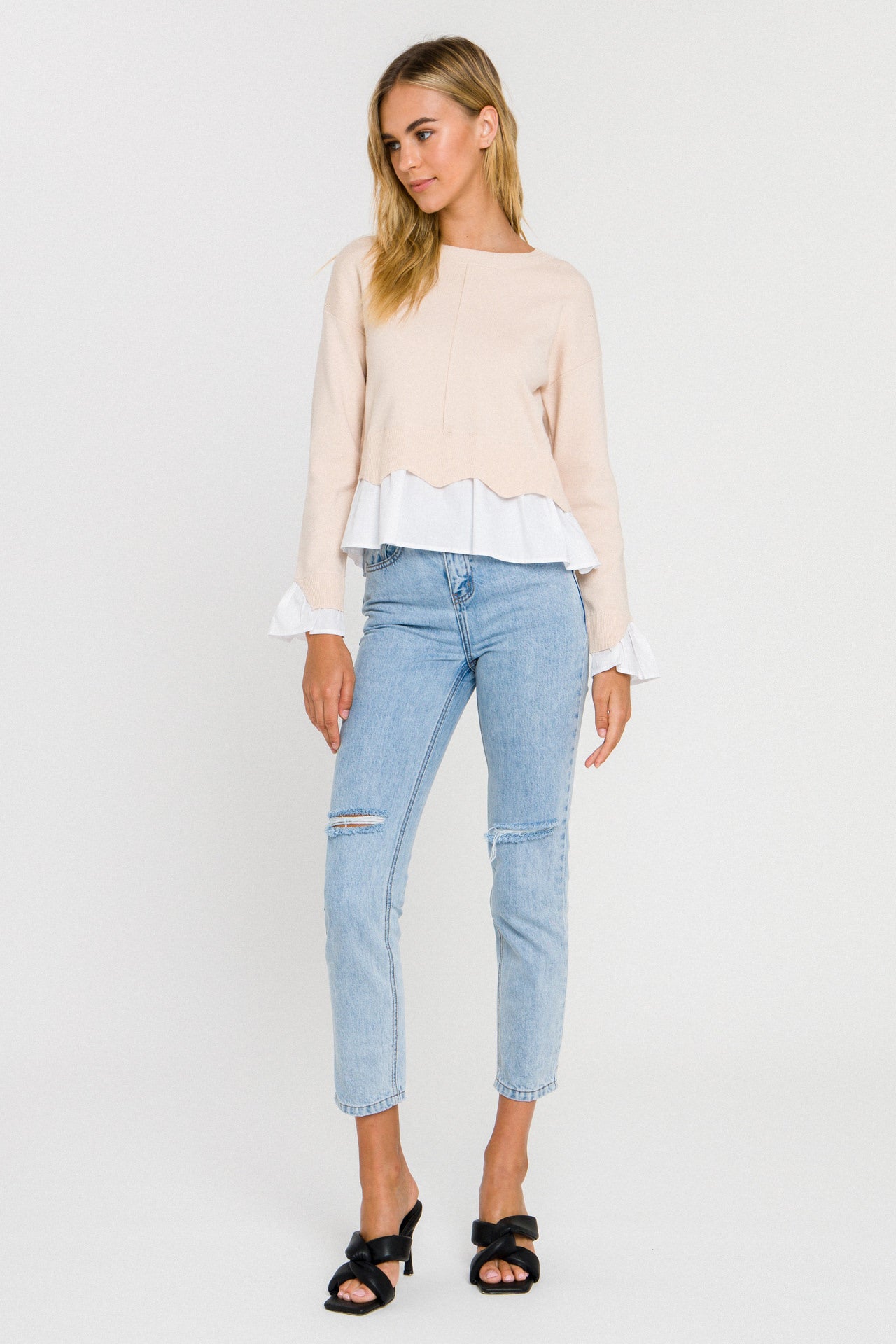 ENGLISH FACTORY - Scalloped Hem Poplin Combo Sweater - SWEATERS & KNITS available at Objectrare