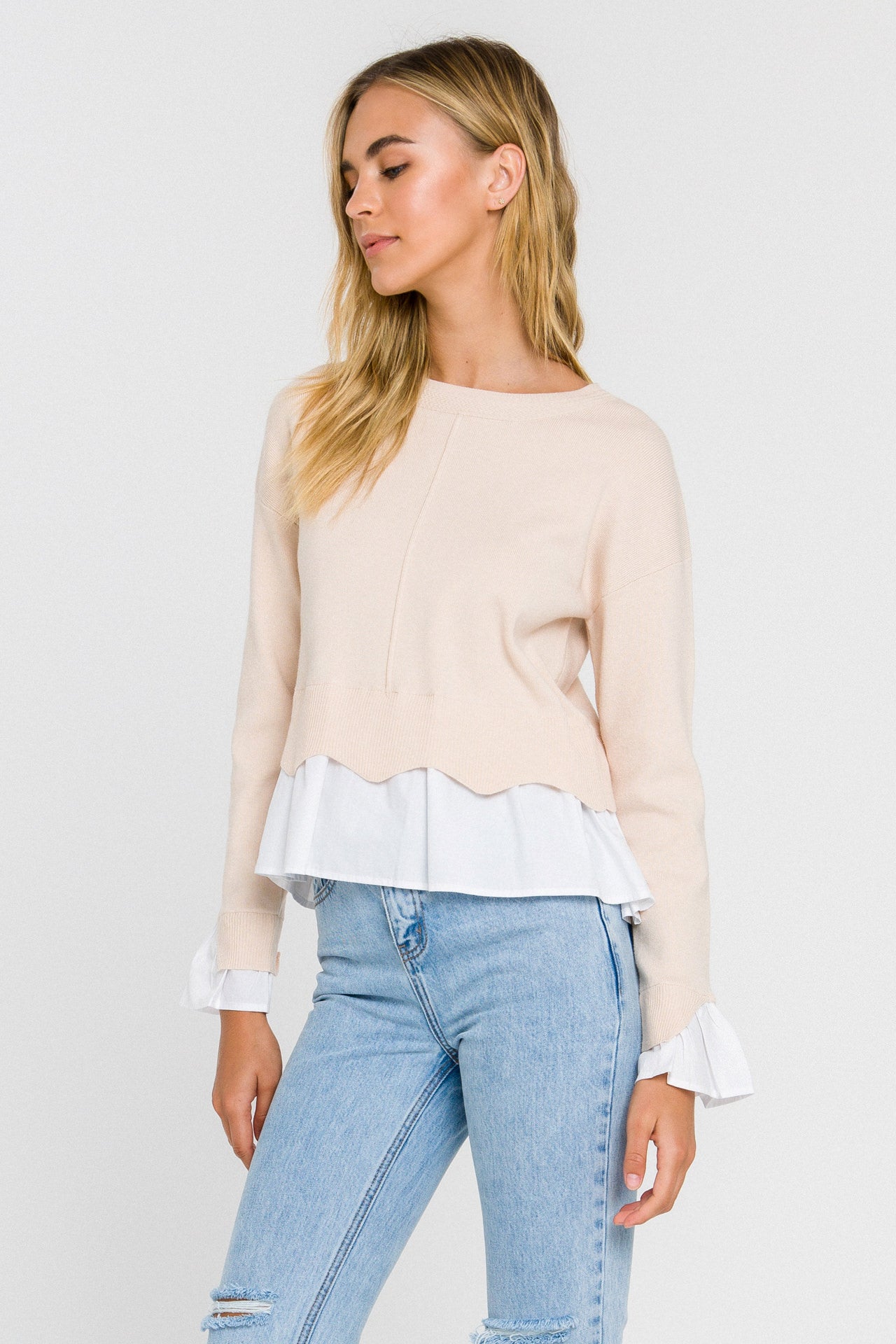 ENGLISH FACTORY - Scalloped Hem Poplin Combo Sweater - SWEATERS & KNITS available at Objectrare