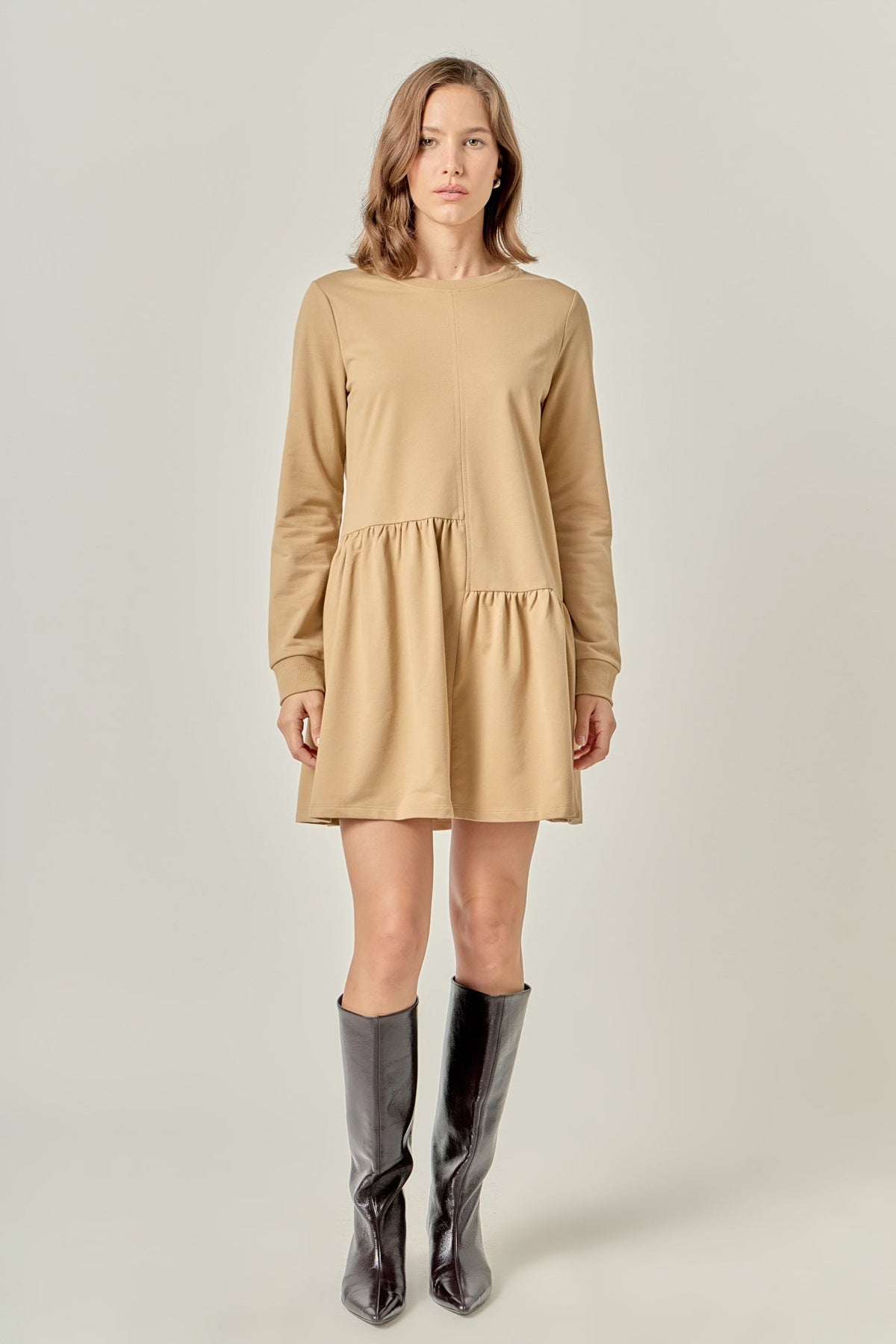 ENGLISH FACTORY - Knit Unbalanced Seam Dress - Tan - DRESSES available at Objectrare