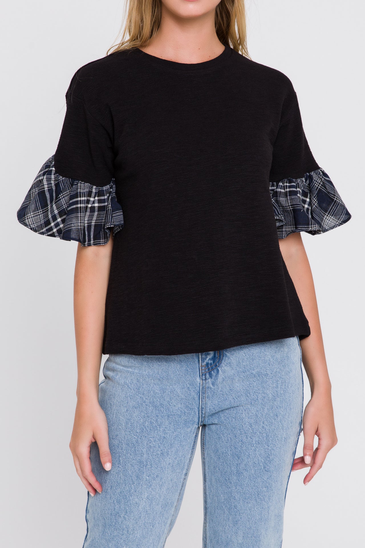 Plaid Ruffle Sleeve Tee
