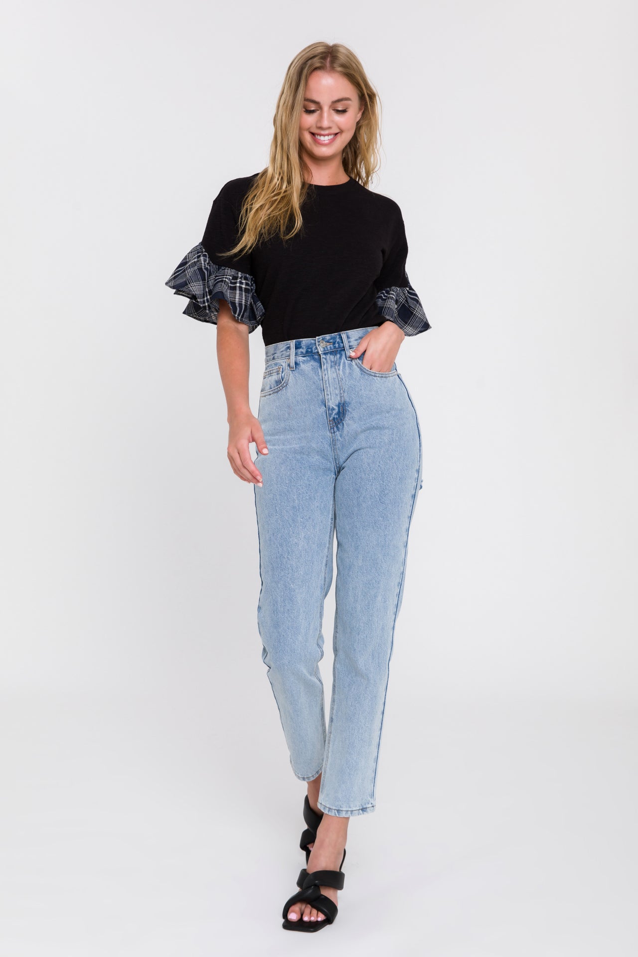 Plaid Ruffle Sleeve Tee