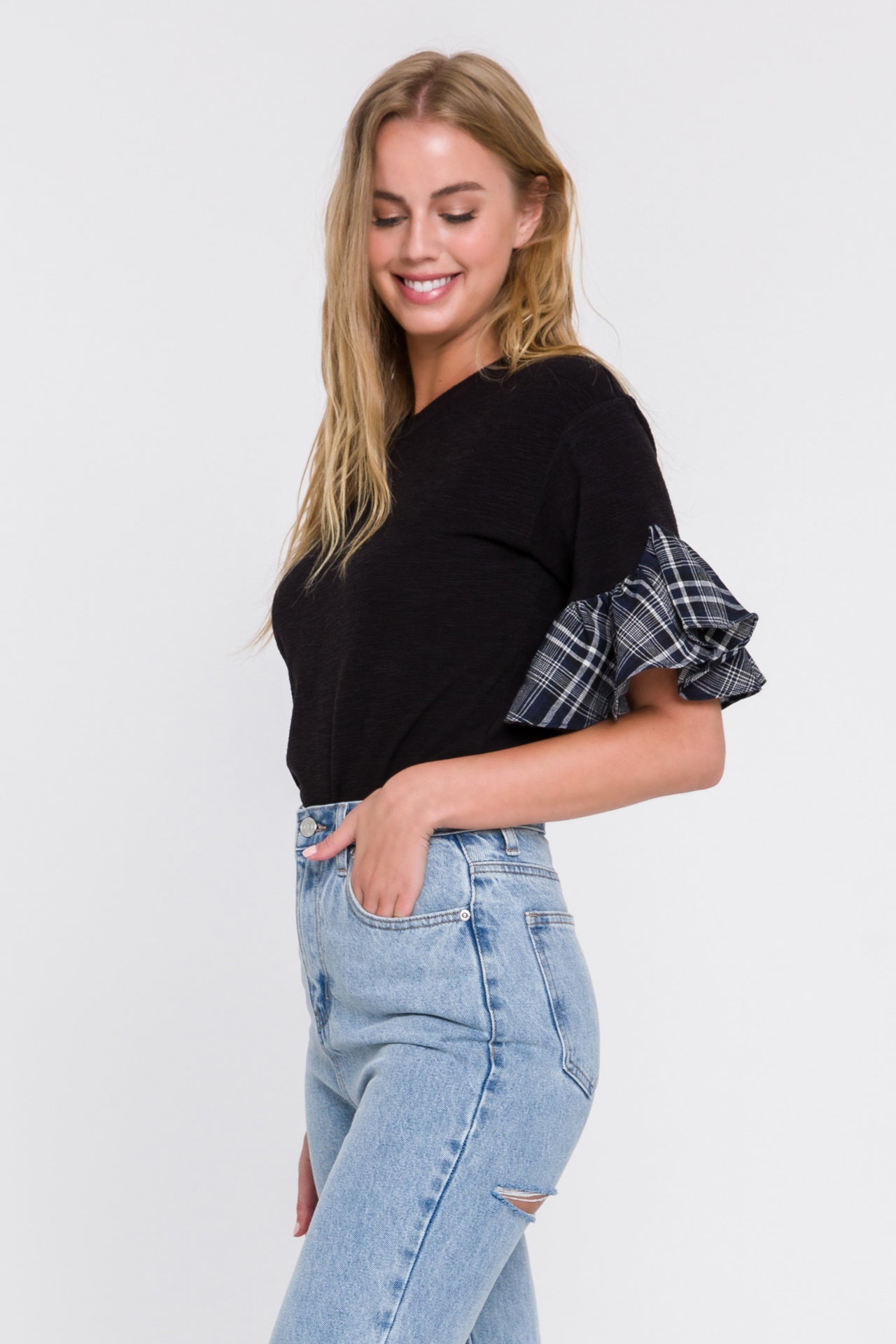 Plaid Ruffle Sleeve Tee