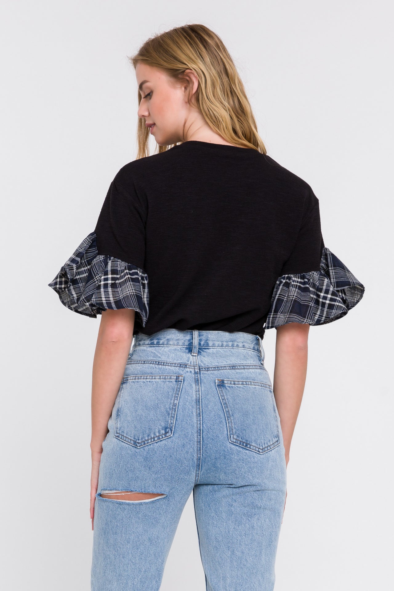Plaid Ruffle Sleeve Tee