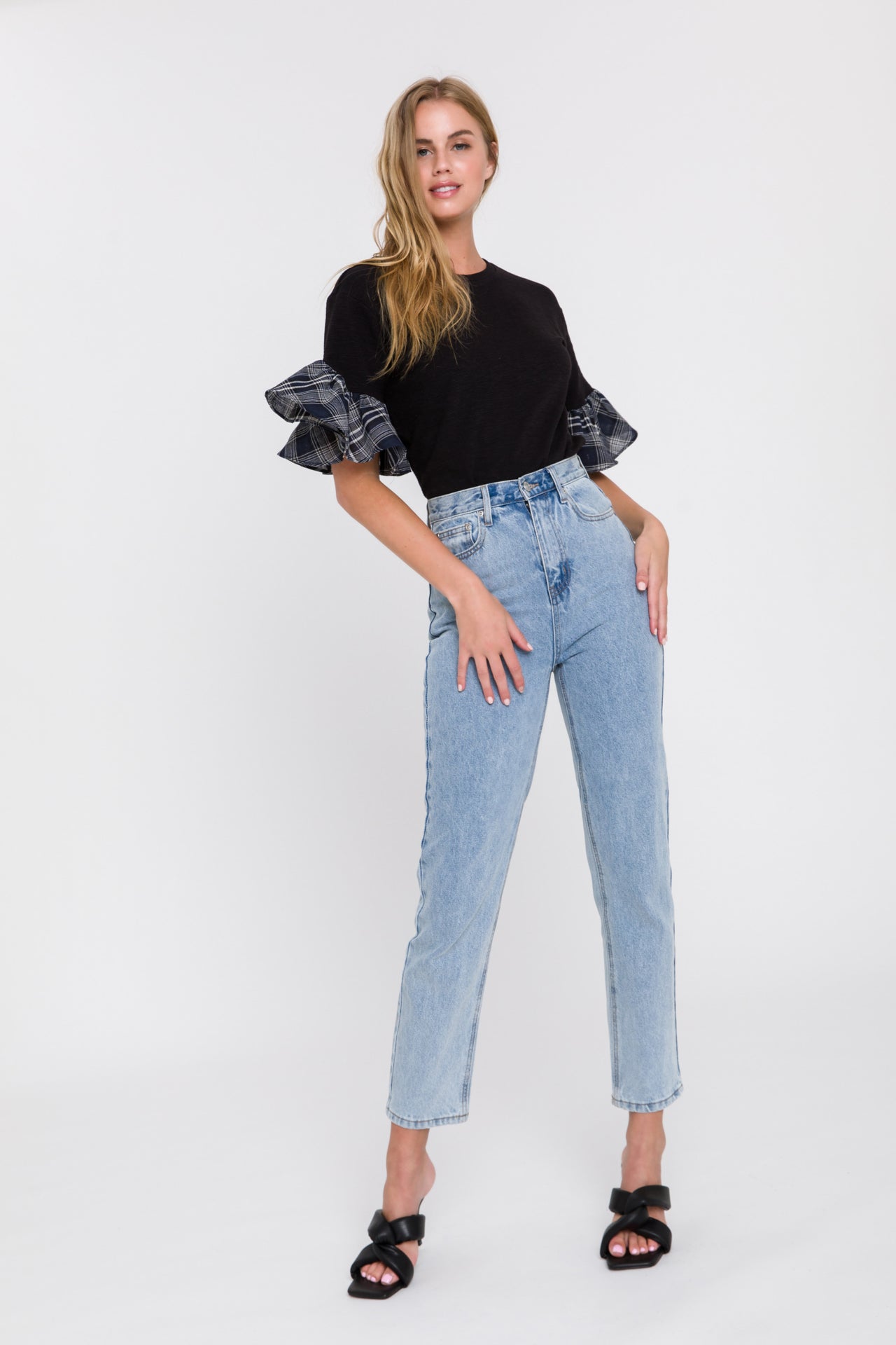 Plaid Ruffle Sleeve Tee