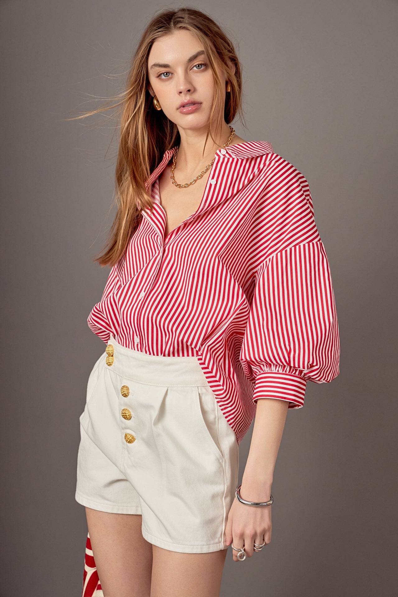 ENGLISH FACTORY - Harper Balloon Sleeve Striped Shirt - TOPS available at Objectrare