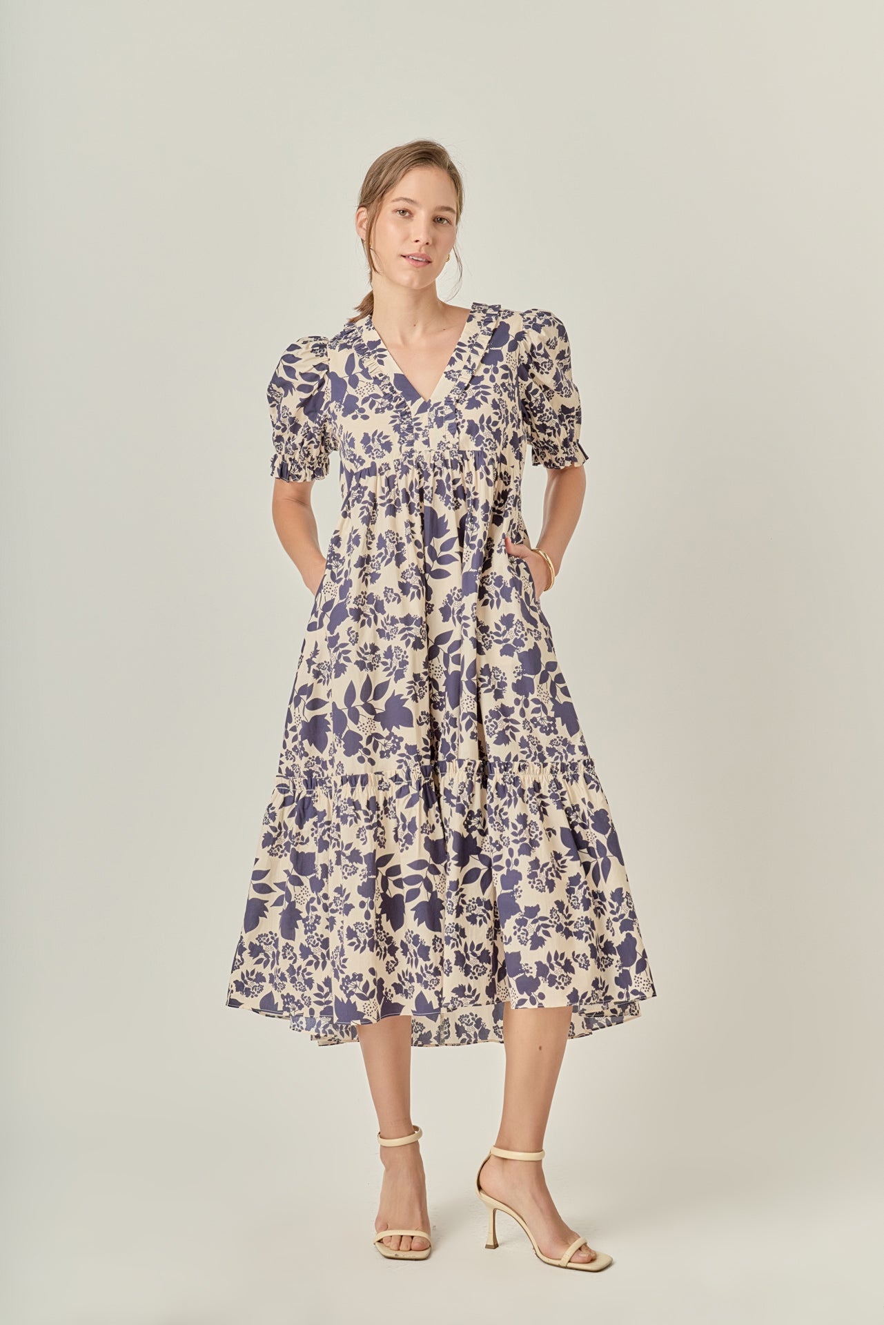 ENGLISH FACTORY - V-Neck Floral Puff Sleeve Tiered Midi Dress - DRESSES available at Objectrare
