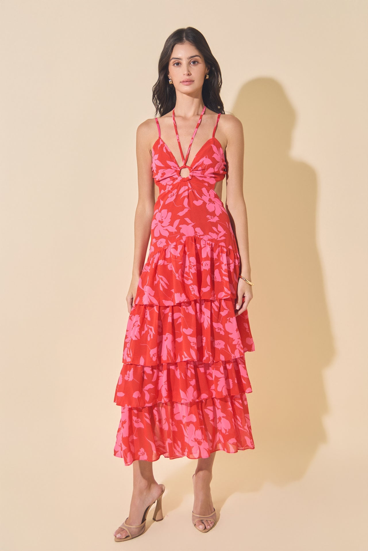 fitted lace wedding dress Red Floral Tiered Cutout Tie Back Maternity Maxi Dress – PinkBlush