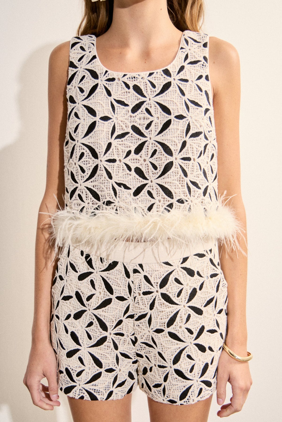 ENGLISH FACTORY - Crochet Lace Feather Trim Top - TOPS available at Objectrare