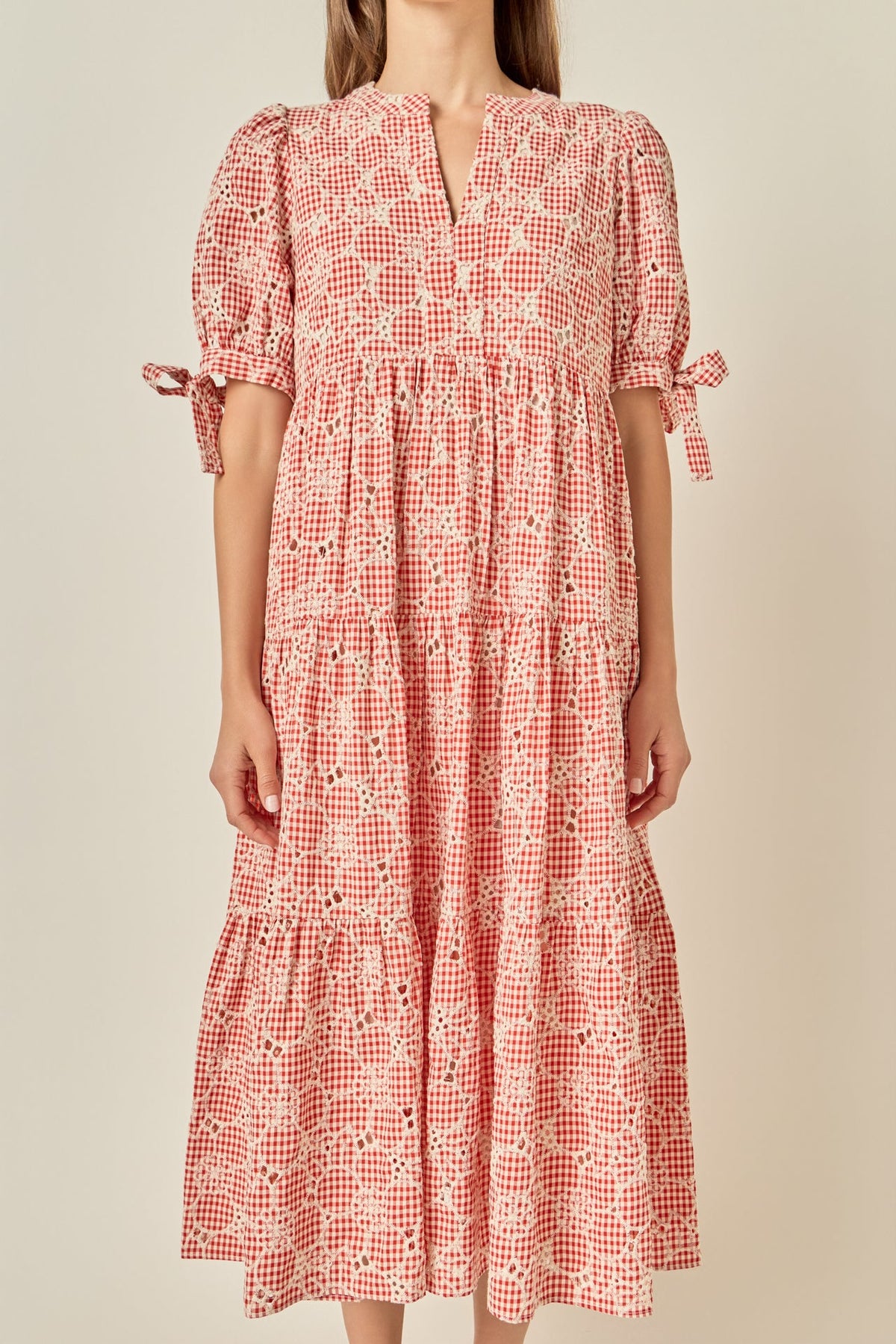ENGLISH FACTORY - Embroidered Gingham Tiered Midi Dress - DRESSES available at Objectrare
