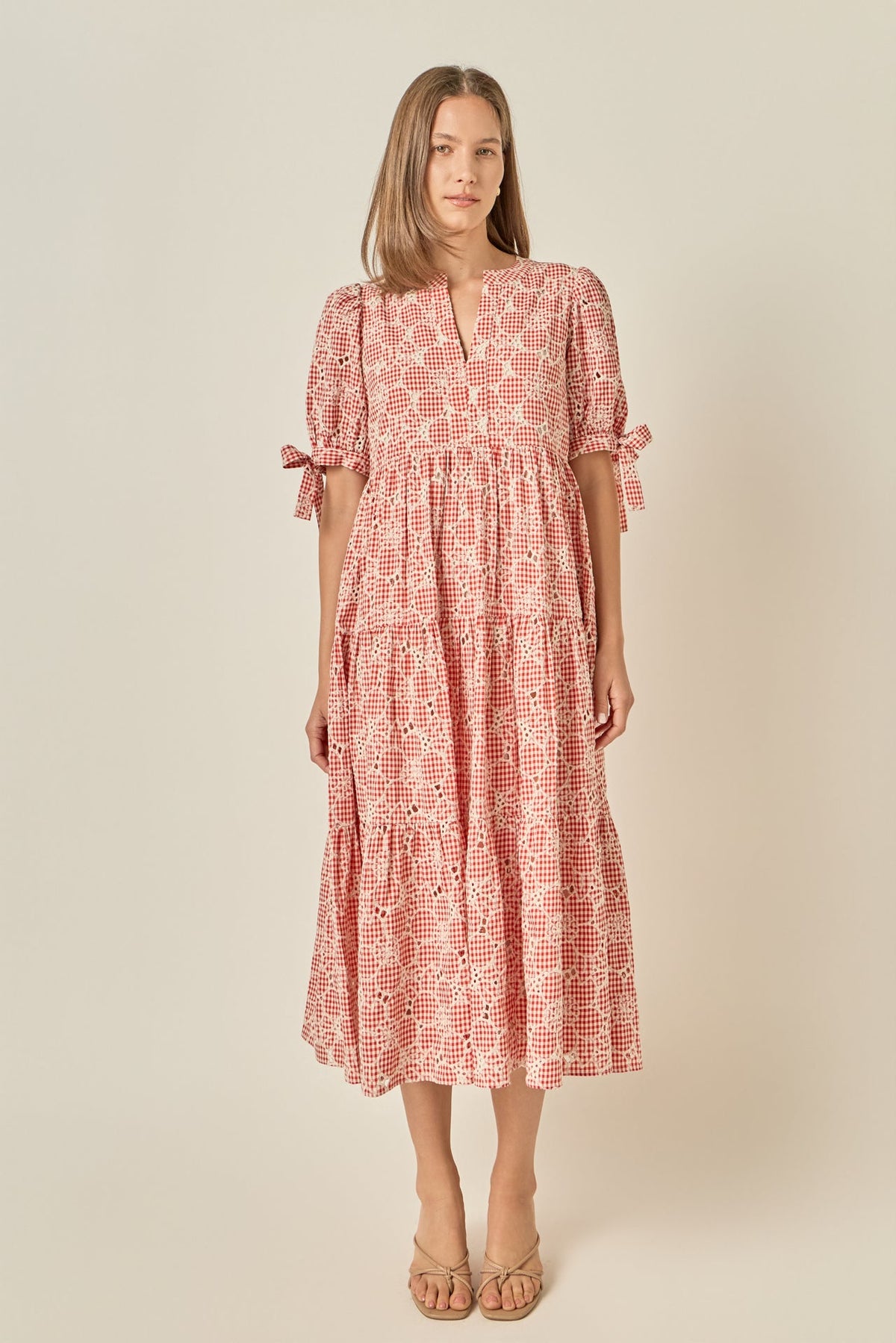 ENGLISH FACTORY - Embroidered Gingham Tiered Midi Dress - DRESSES available at Objectrare