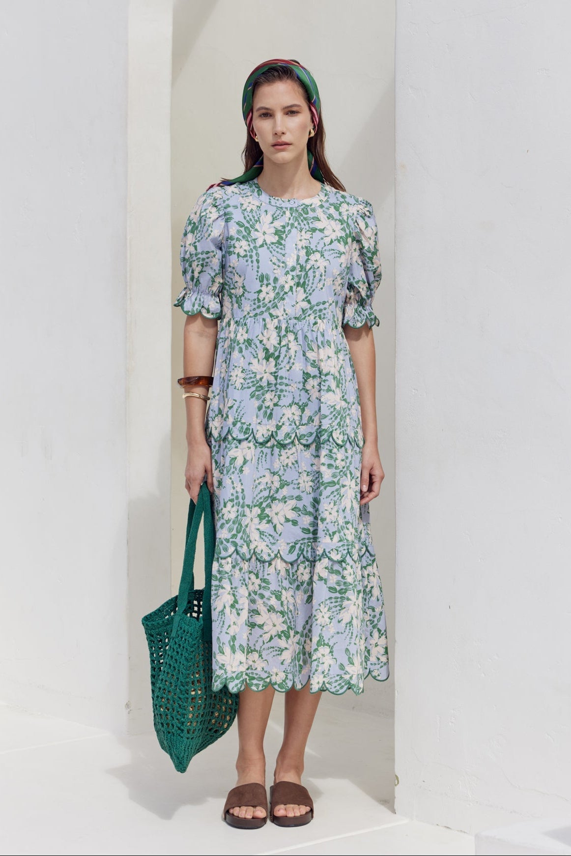 Floral Scallop Edge Puff Sleeve Midi Dress