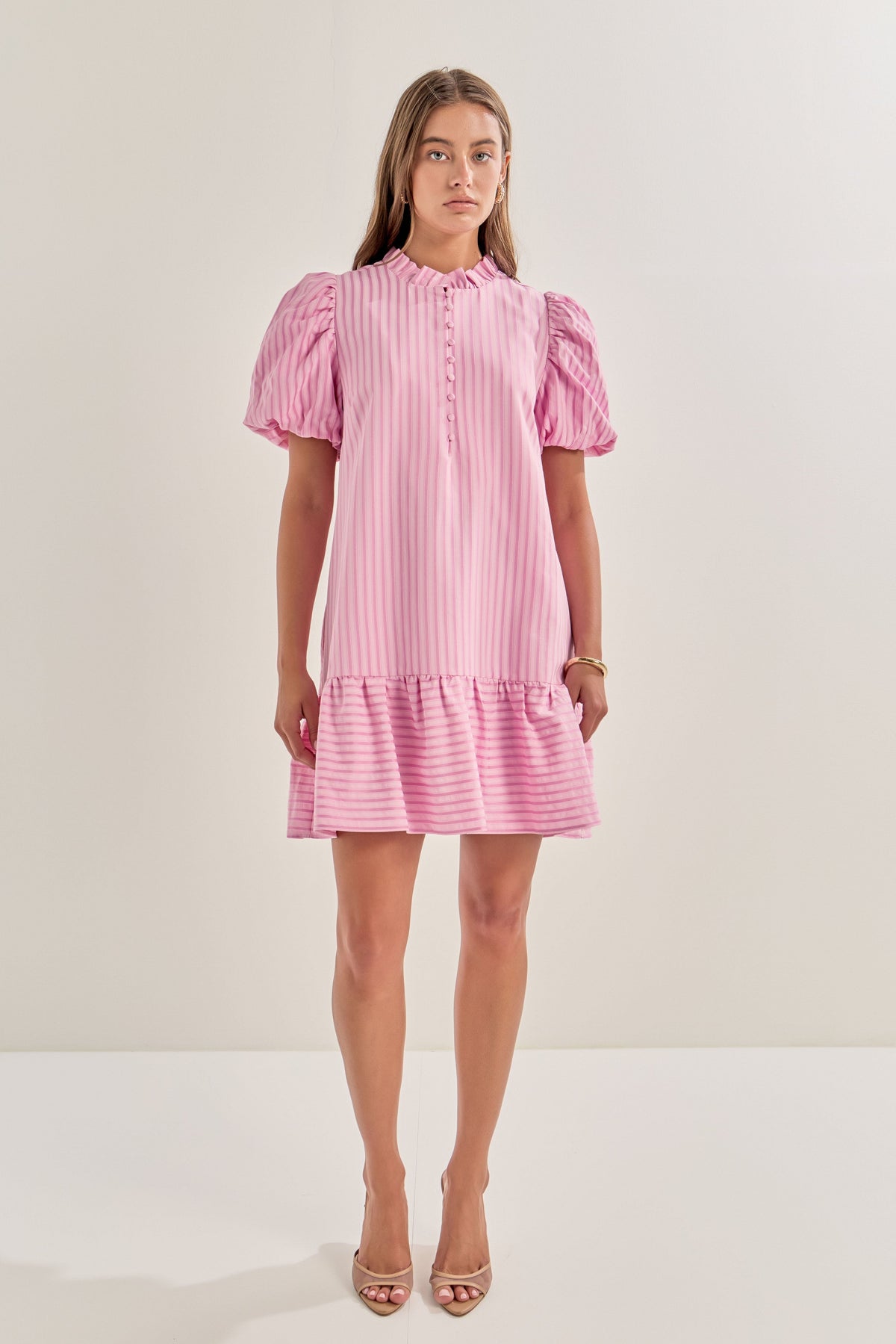 LA'VEN - Stripe Short Puff Sleeve Mini Dress - DRESSES available at Objectrare