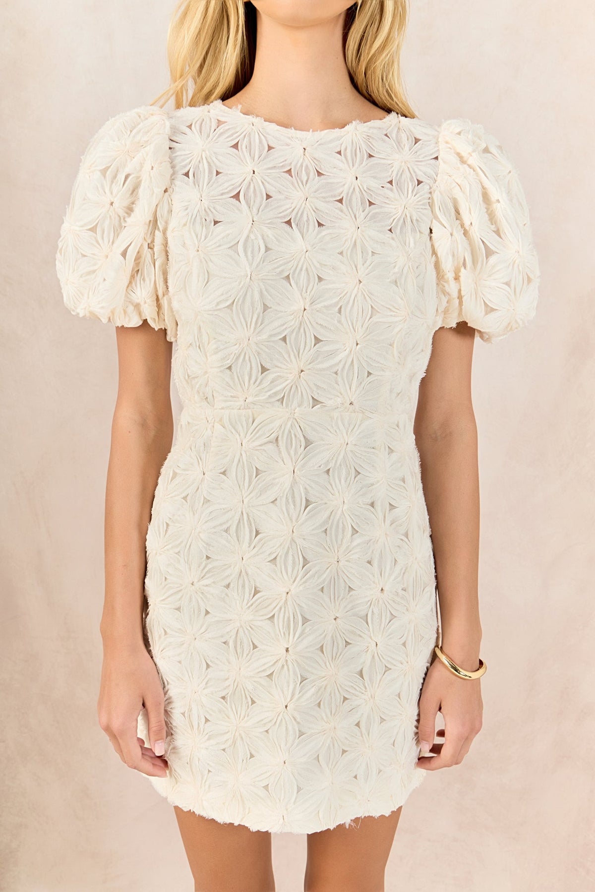 ENDLESS ROSE - Textured Puff Sleeve Mini Dress - DRESSES available at Objectrare