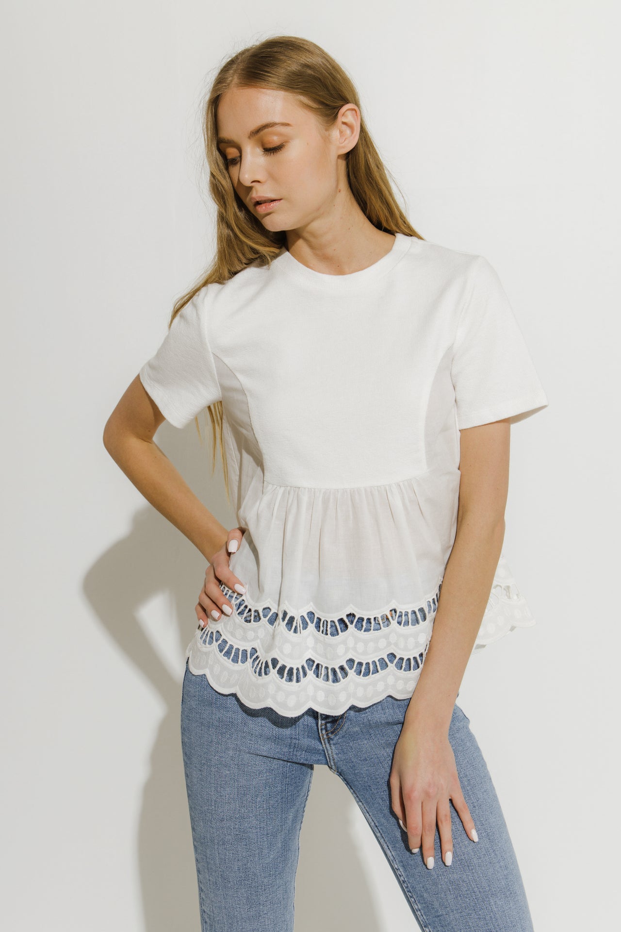 ENGLISH FACTORY - Knit Eyelet Mixed T-Shirt - TOPS available at Objectrare