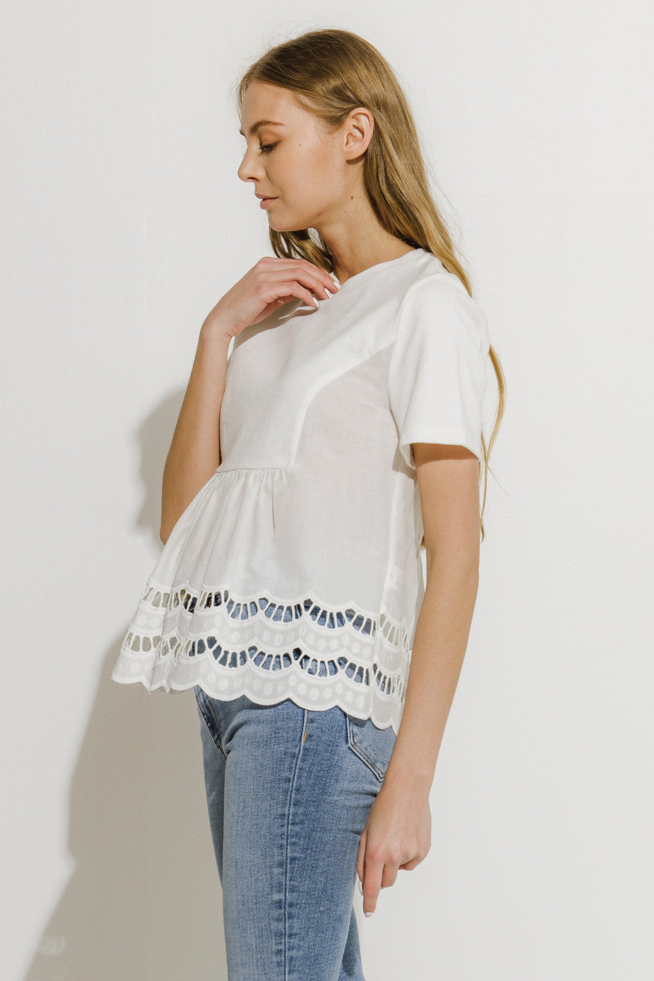 ENGLISH FACTORY - Knit Eyelet Mixed T-Shirt - TOPS available at Objectrare