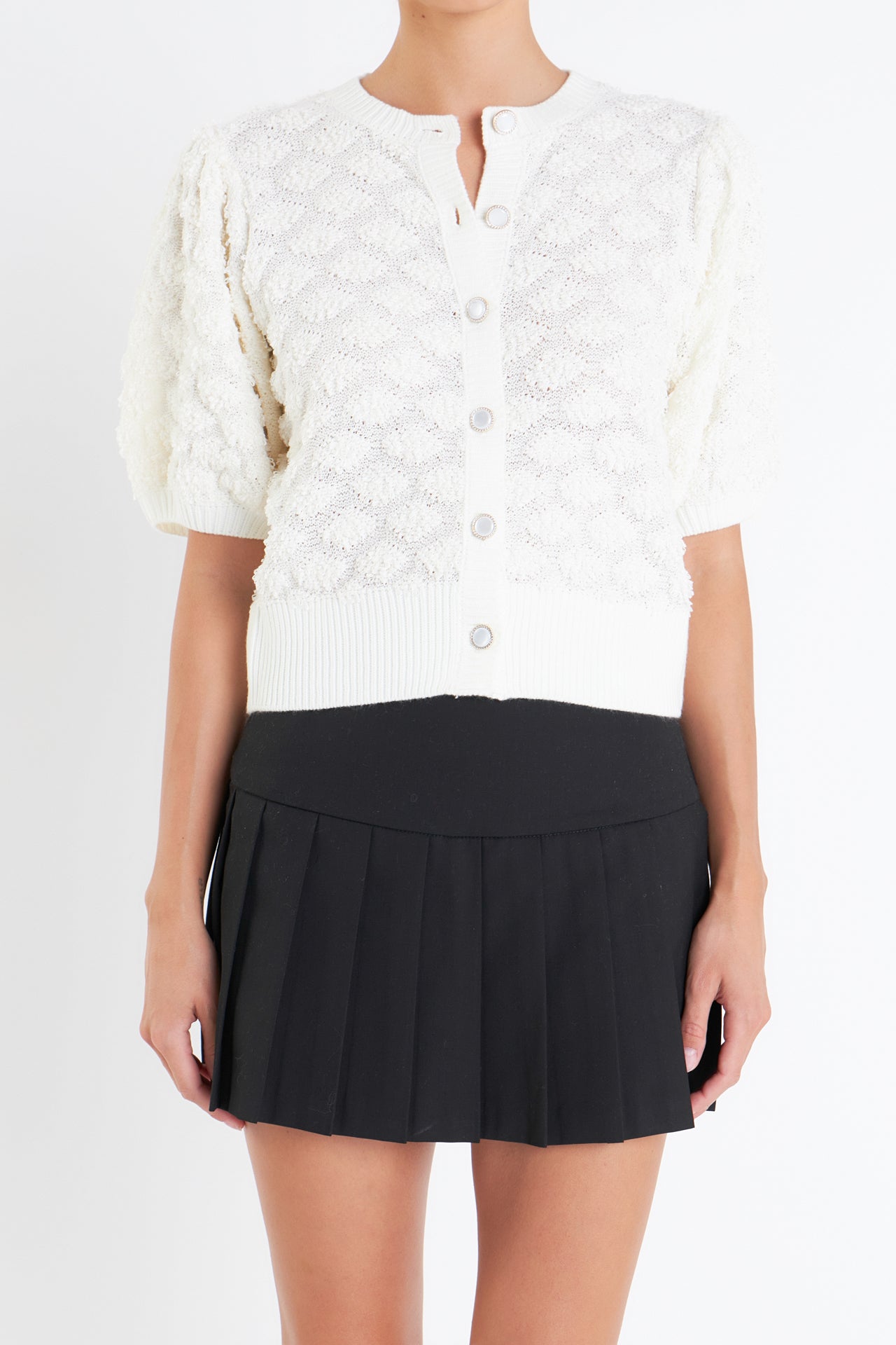 ENGLISH FACTORY - Textured Puff Short Sleeve Cardigan - SWEATERS & KNITS available at Objectrare