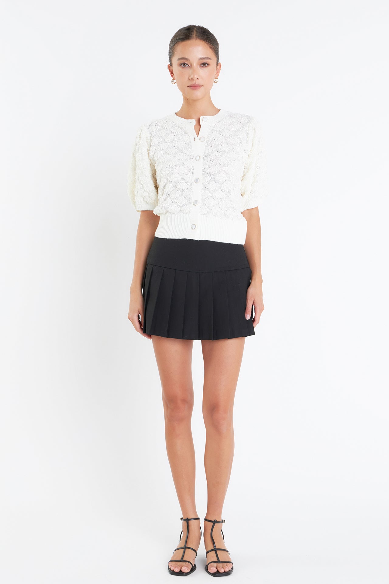 ENGLISH FACTORY - Textured Puff Short Sleeve Cardigan - SWEATERS & KNITS available at Objectrare