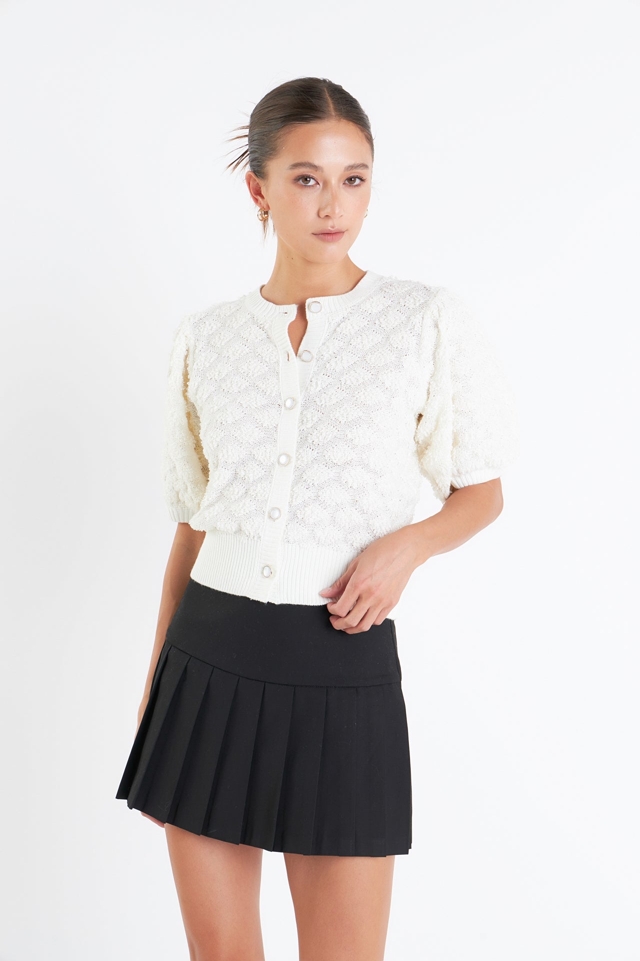 ENGLISH FACTORY - Textured Puff Short Sleeve Cardigan - SWEATERS & KNITS available at Objectrare