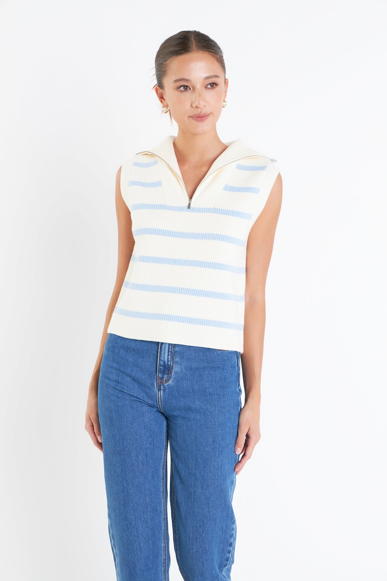 ENGLISH FACTORY - Striped Half-Zip Knit Vest - VESTS available at Objectrare