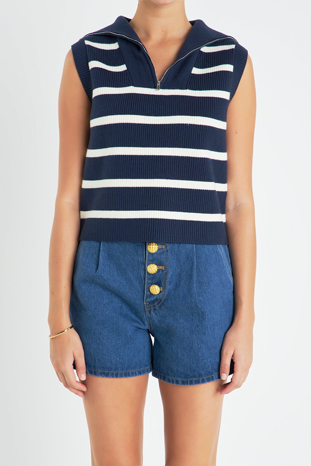 ENGLISH FACTORY - Striped Half-Zip Knit Vest - VESTS available at Objectrare