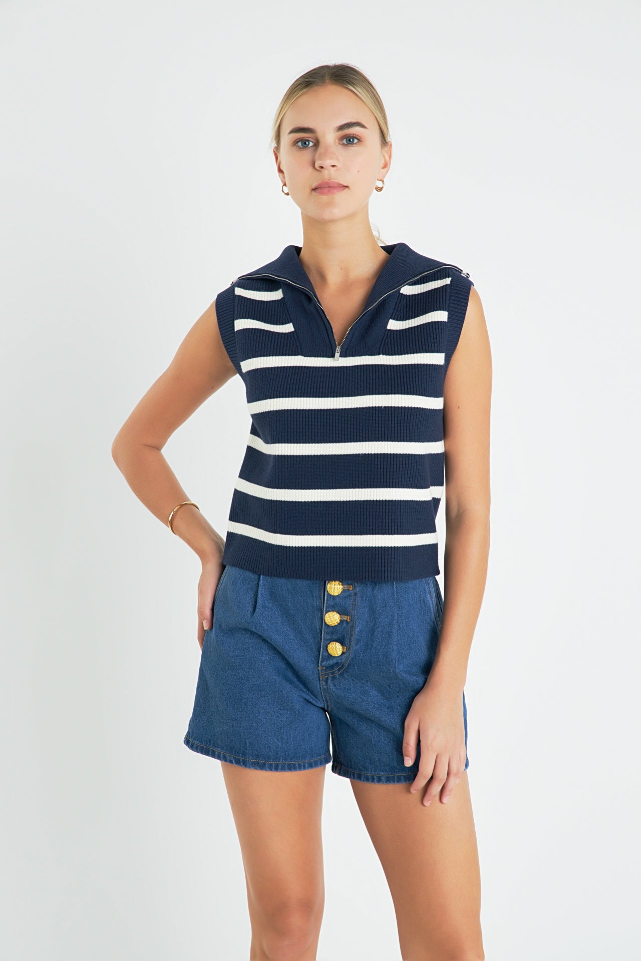 ENGLISH FACTORY - Striped Half-Zip Knit Vest - VESTS available at Objectrare