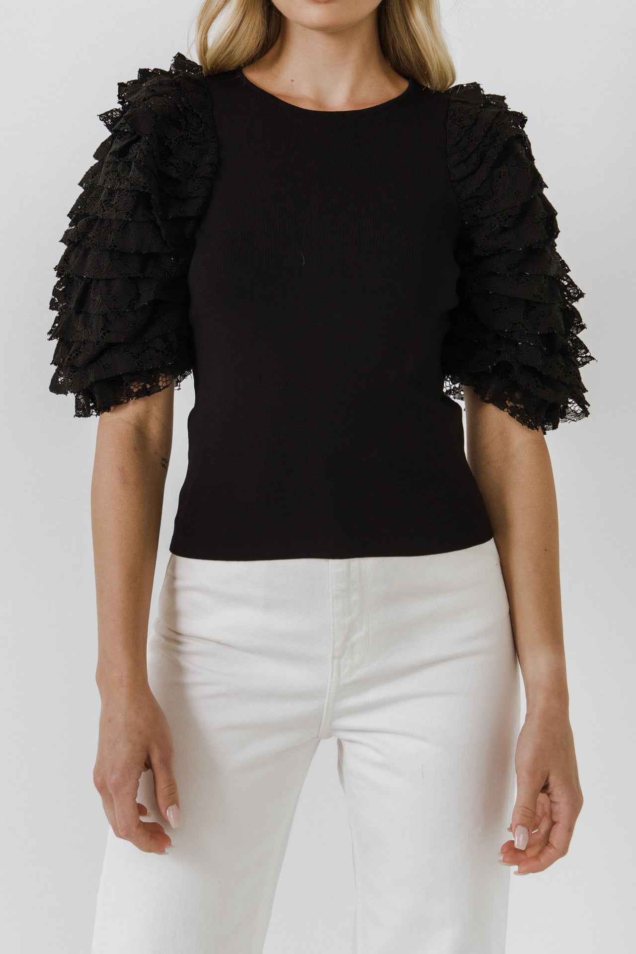 ENDLESS ROSE - Mixed Media Contrast Sleeve Top - TOPS available at Objectrare
