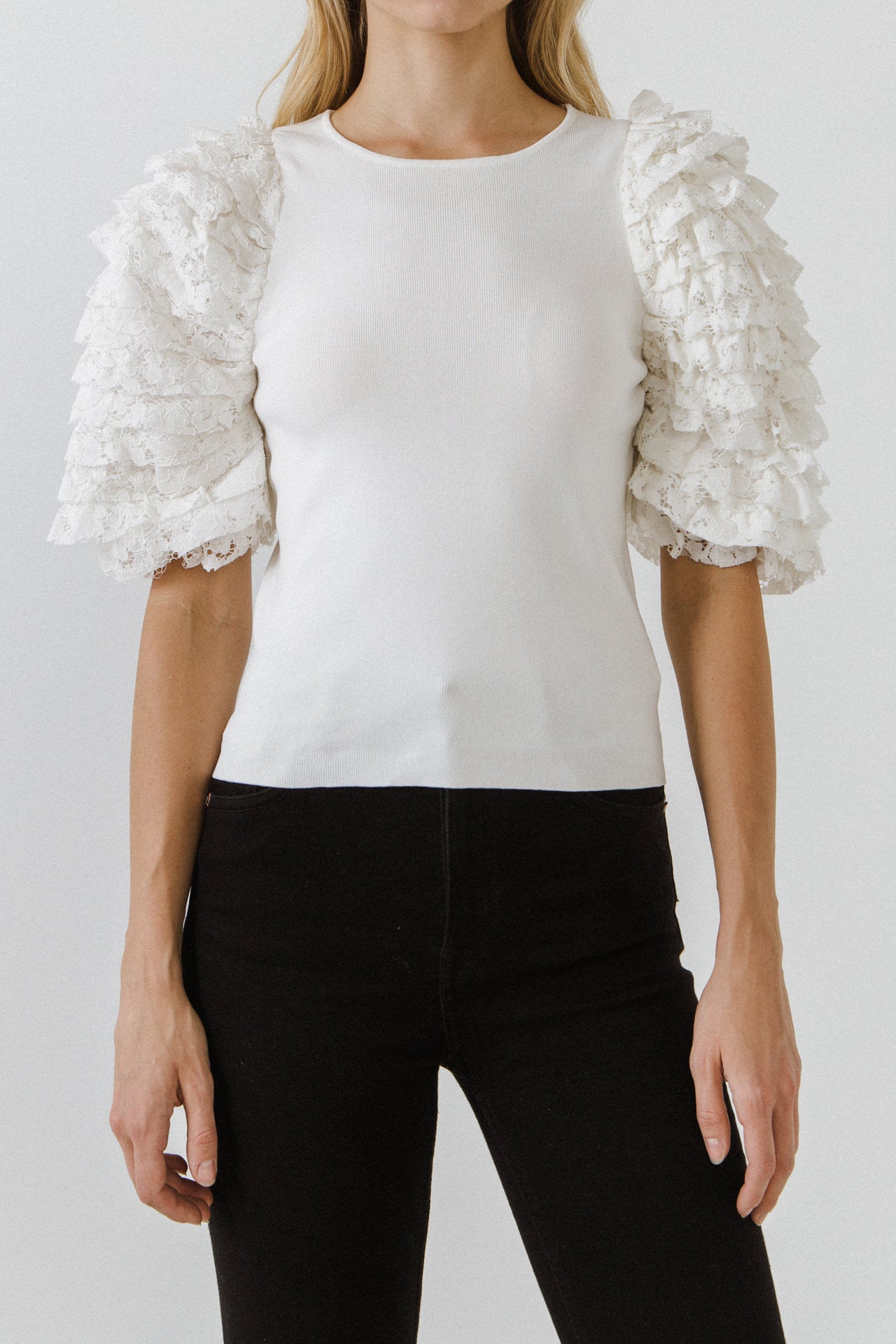ENDLESS ROSE - Mixed Media Contrast Sleeve Top - TOPS available at Objectrare