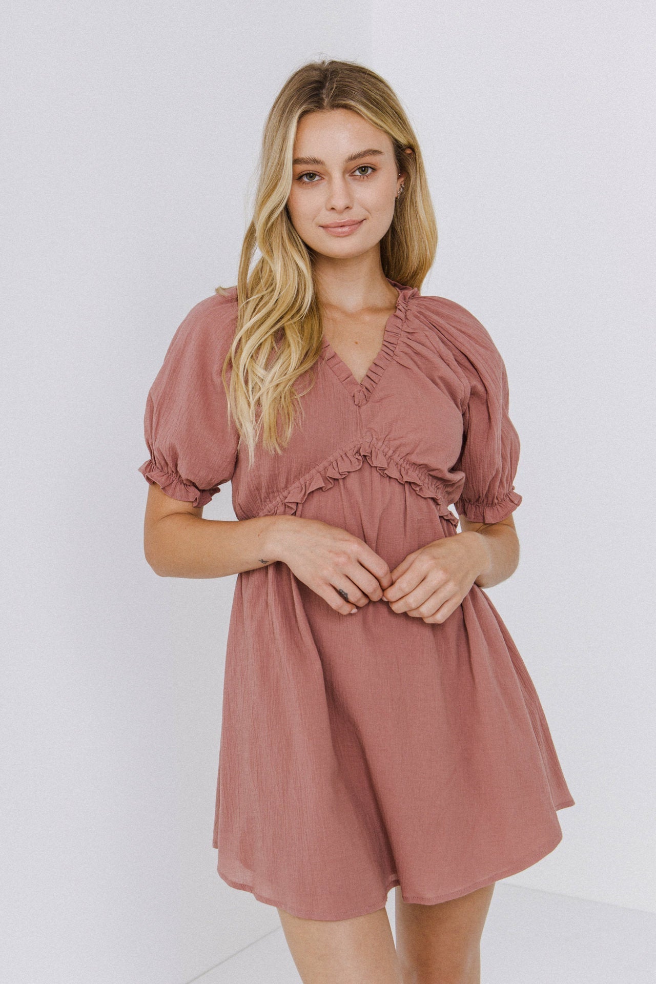 FREE THE ROSES - Ruffle V-Neck Babydoll Dress - DRESSES available at Objectrare